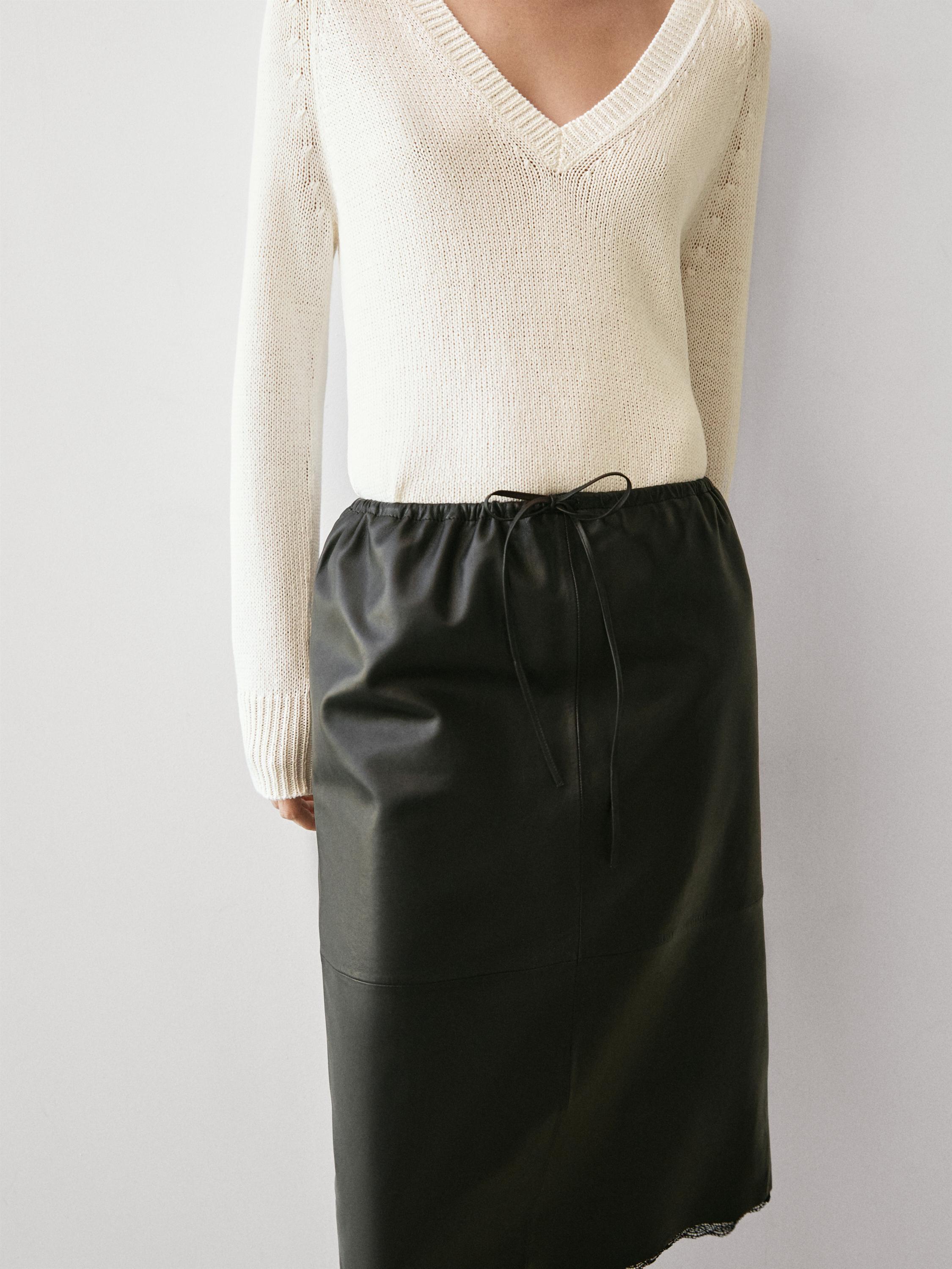 Nappa leather midi skirt with lace detail — BLACK (alternate view)