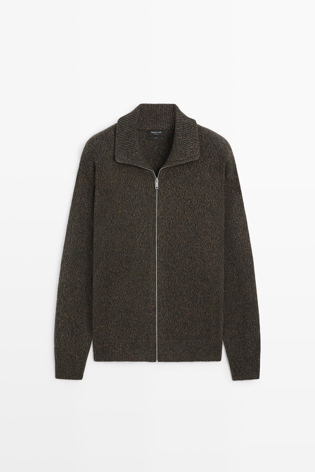 100% wool knit zip-up cardigan — PINE GREEN