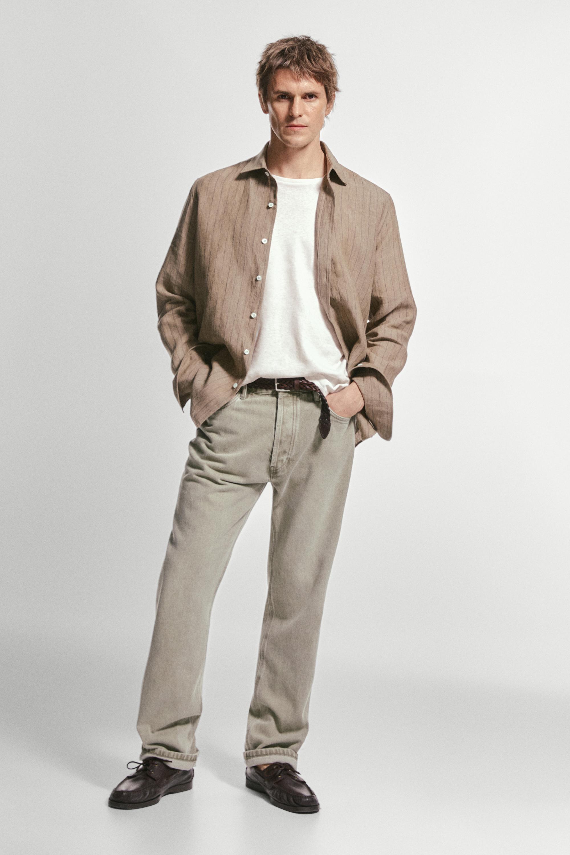 Regular fit 100% linen striped shirt — BEIGE