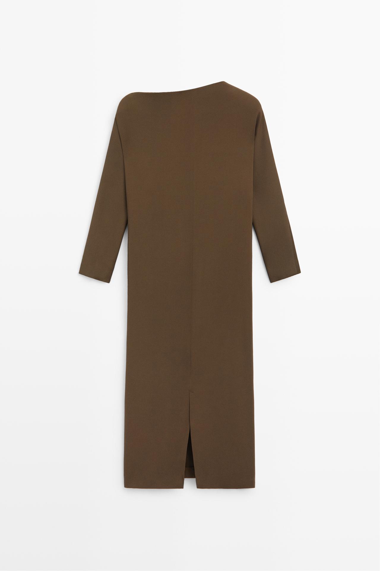 Fluid midi dress with asymmetrical neckline — BROWN