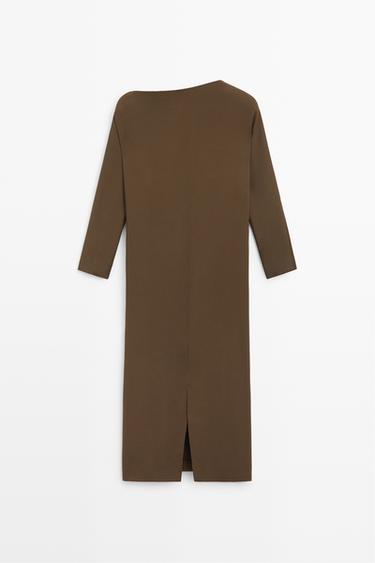 Fluid midi dress with asymmetrical neckline — BROWN 6