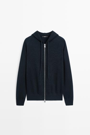 Cotton blend knit hooded cardigan — NAVY BLUE 2