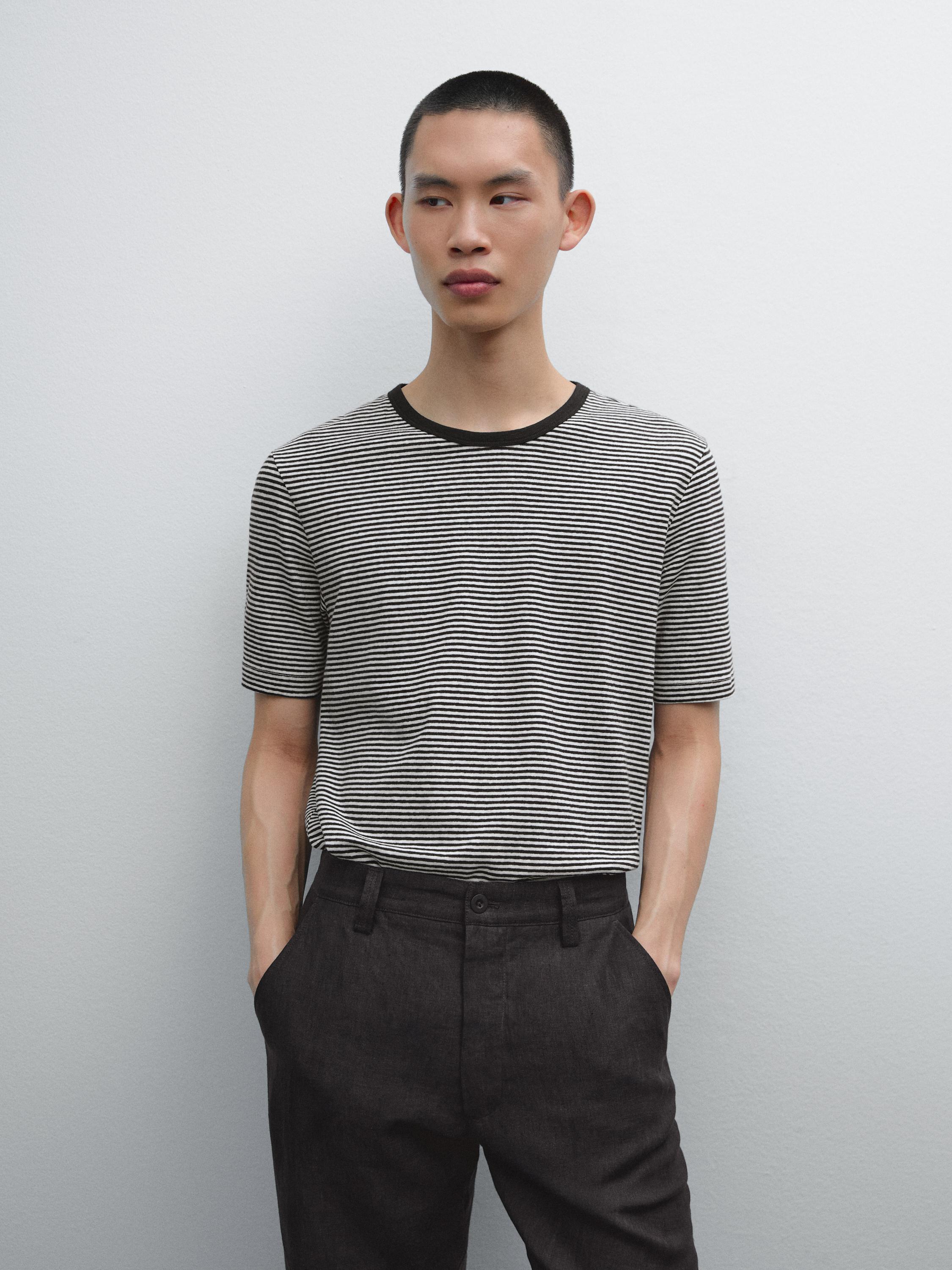 تيشرت مخطط من الكتان والقطن