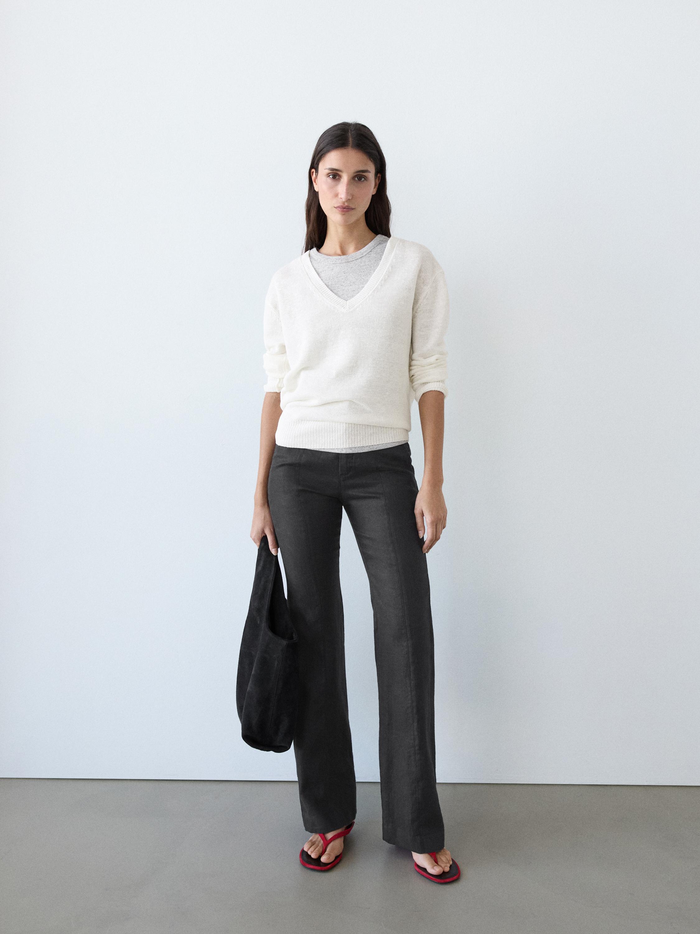 100% linen kick flare fit pants — BLACK