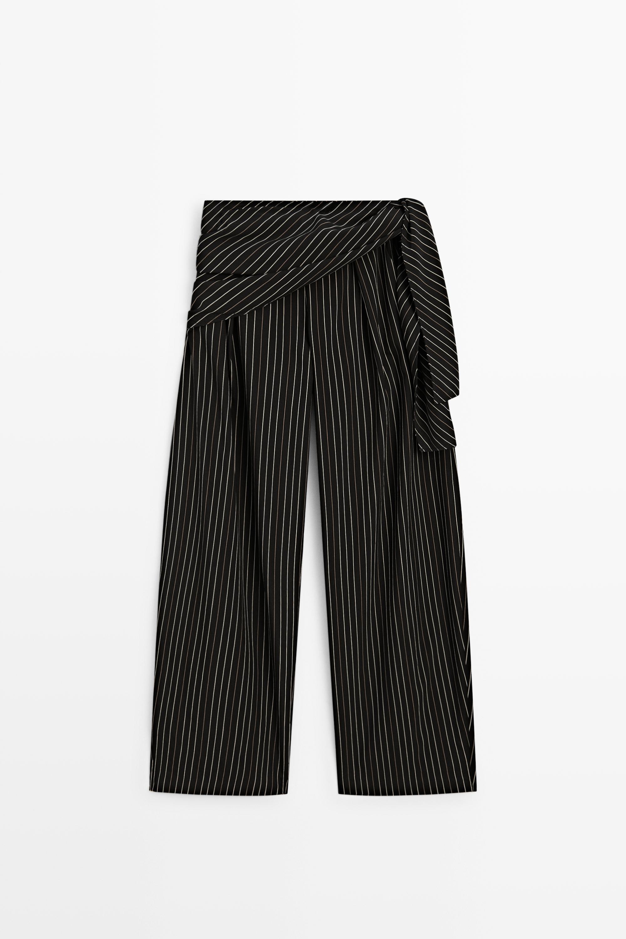 Striped barrel fit pants with scarf detail — BLACK