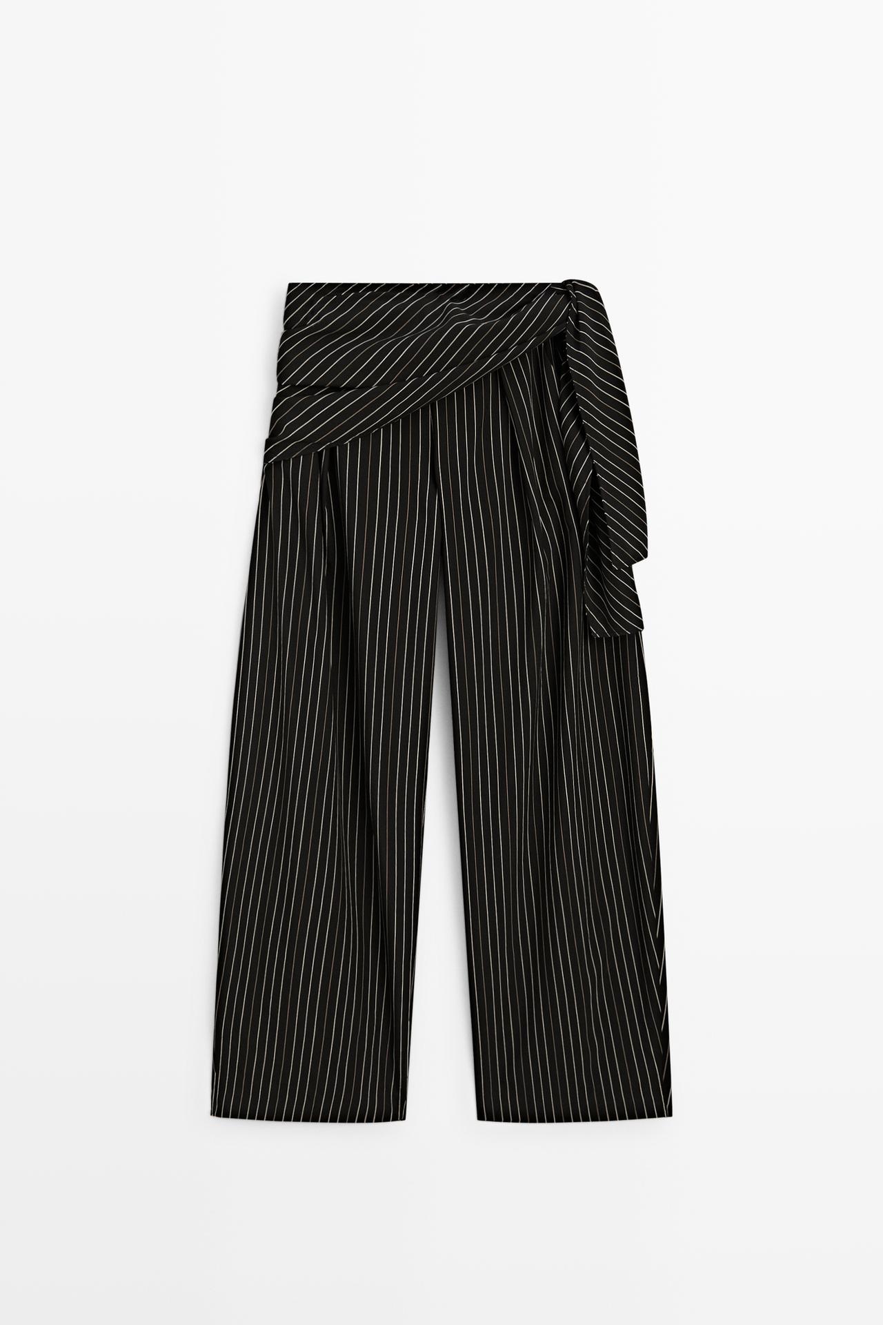 Striped barrel fit pants with scarf detail — BLACK