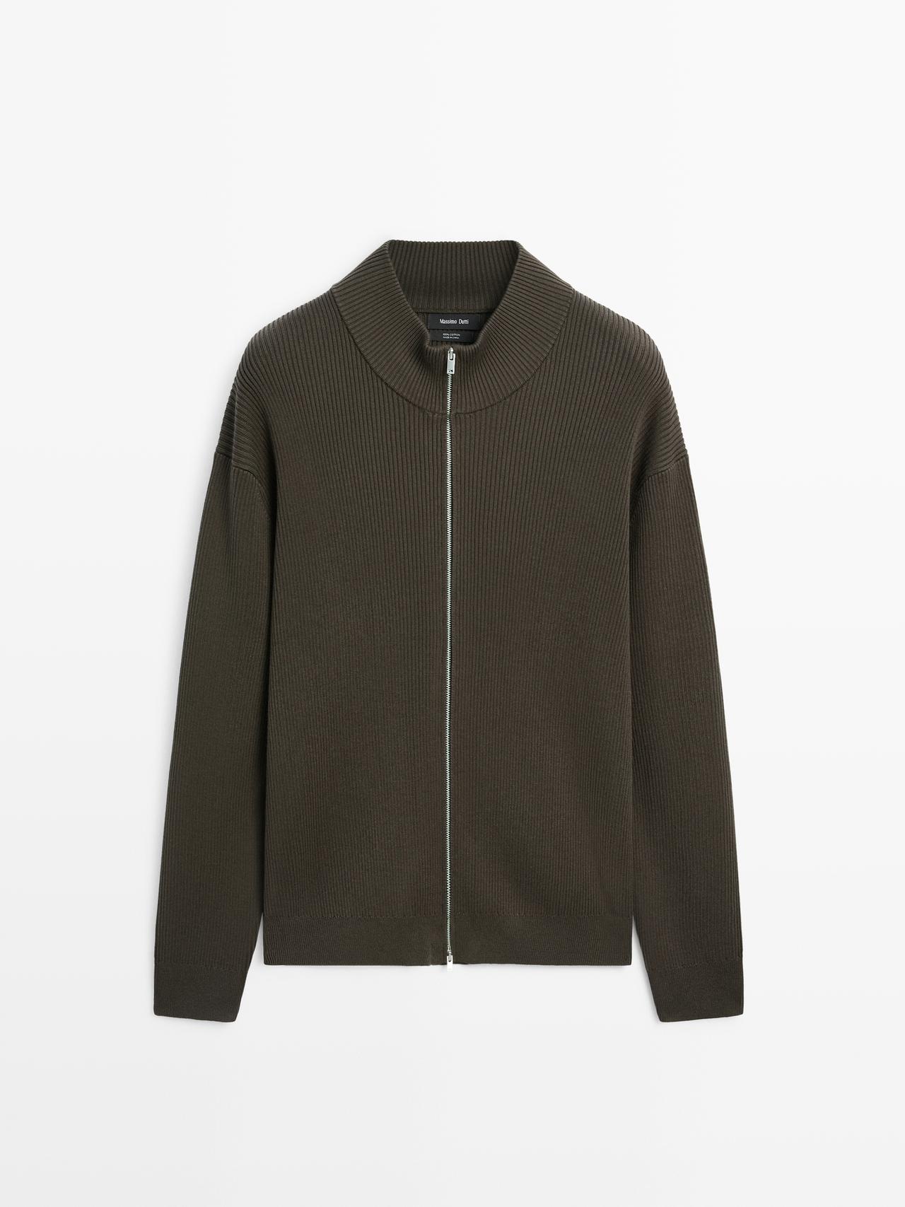 Massimo Dutti - Herre - Cardigan I 100% Bomuld Med Lynlås - Grågrøn - M