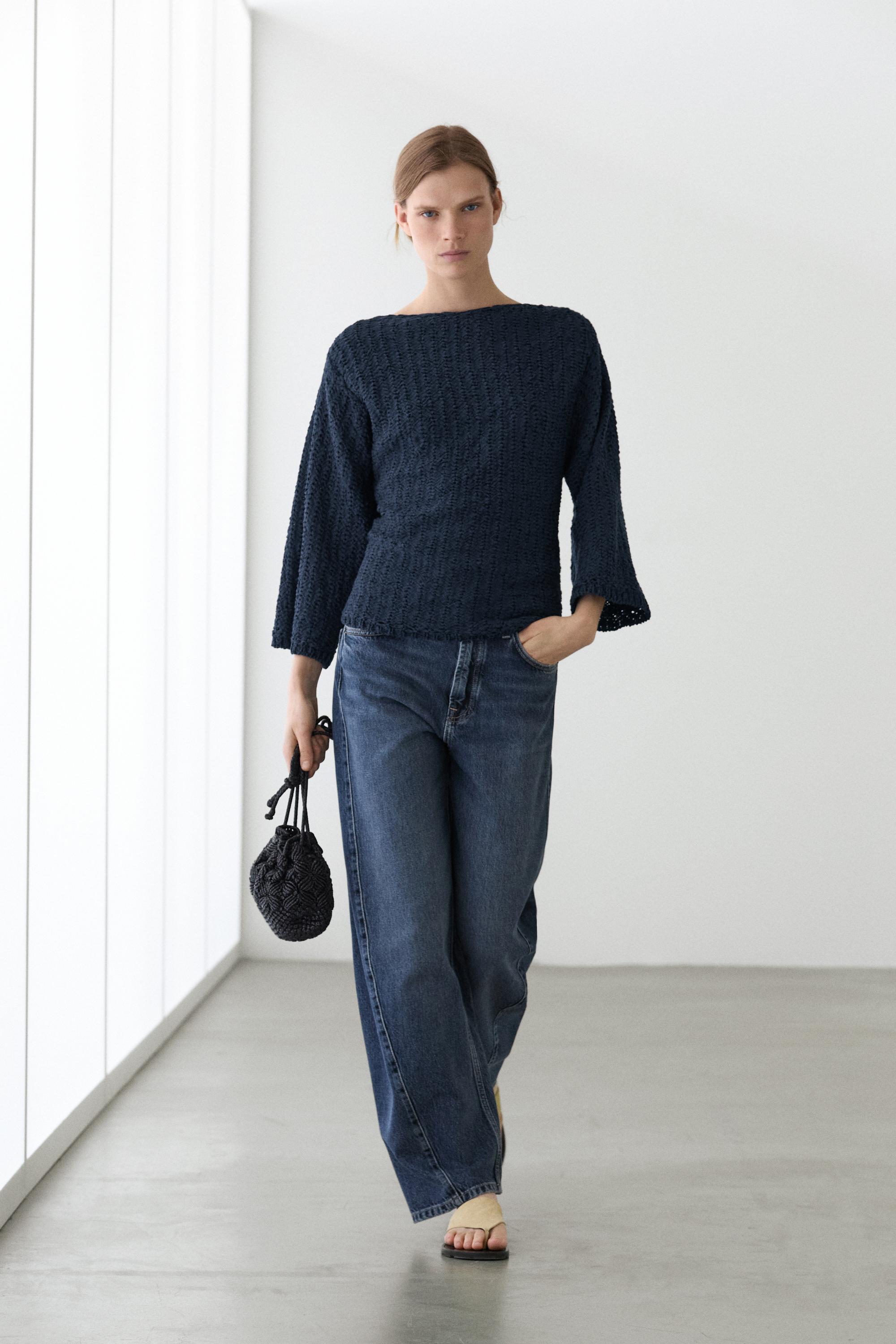 Textured cotton blend knit sweater — NAVY BLUE