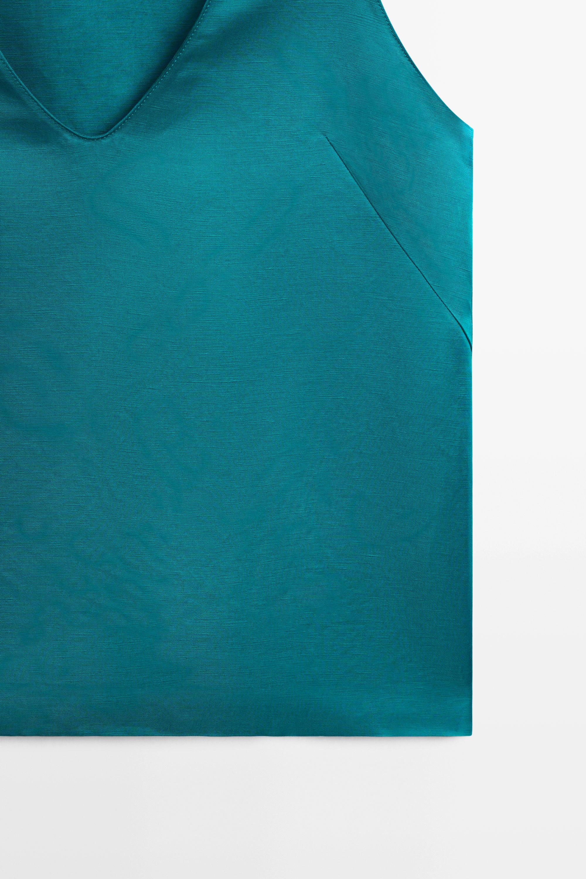 Satin linen blend V-neck top — TURQUOISE