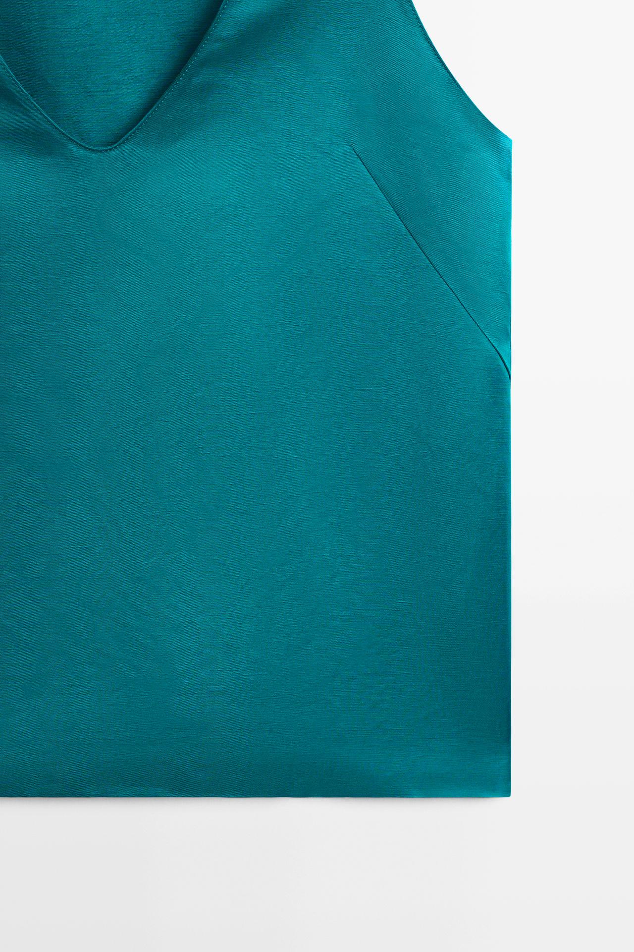 Satin linen blend V-neck top — TURQUOISE