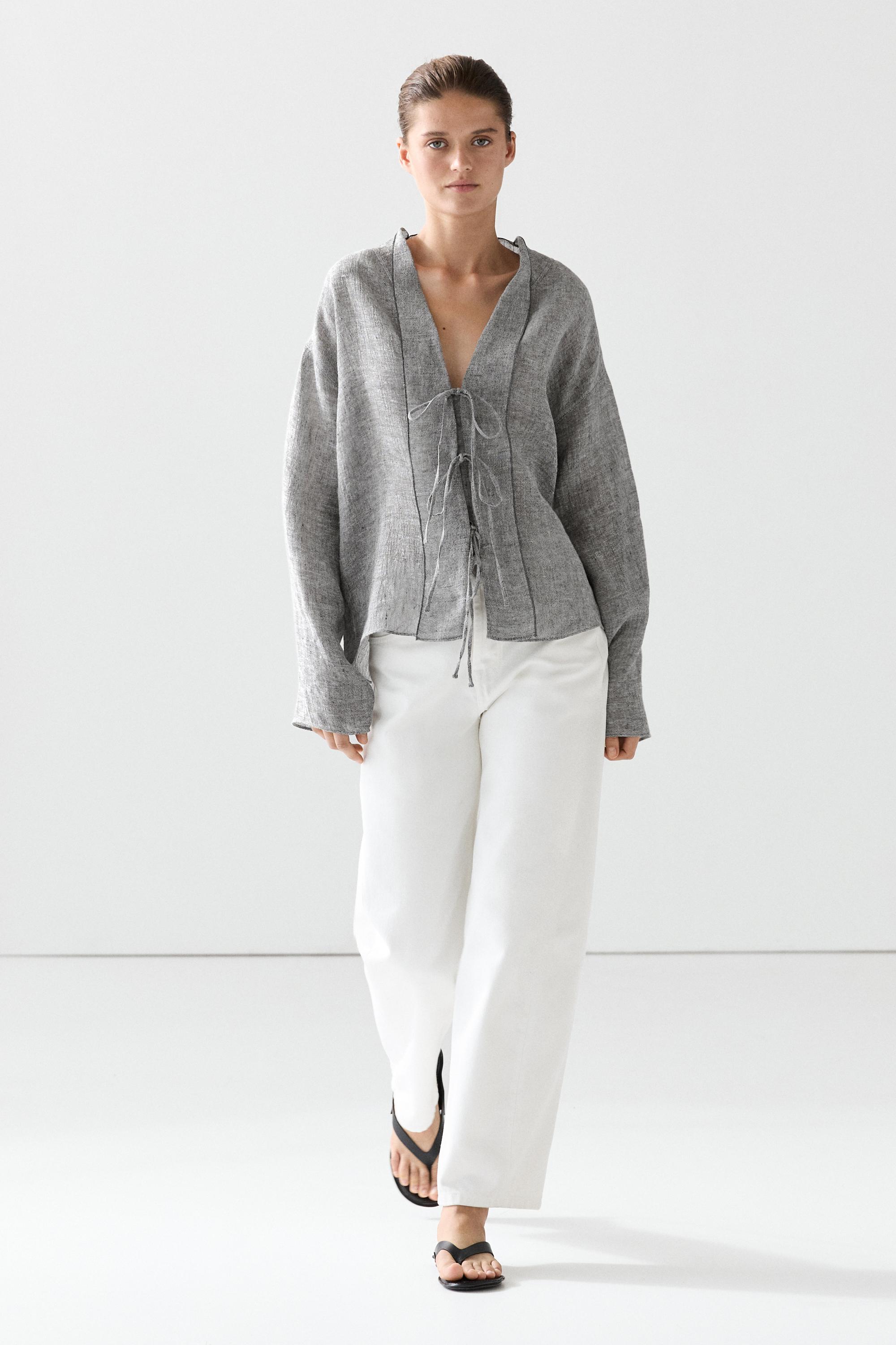 Linen blend blouse with tie details — 0-881
