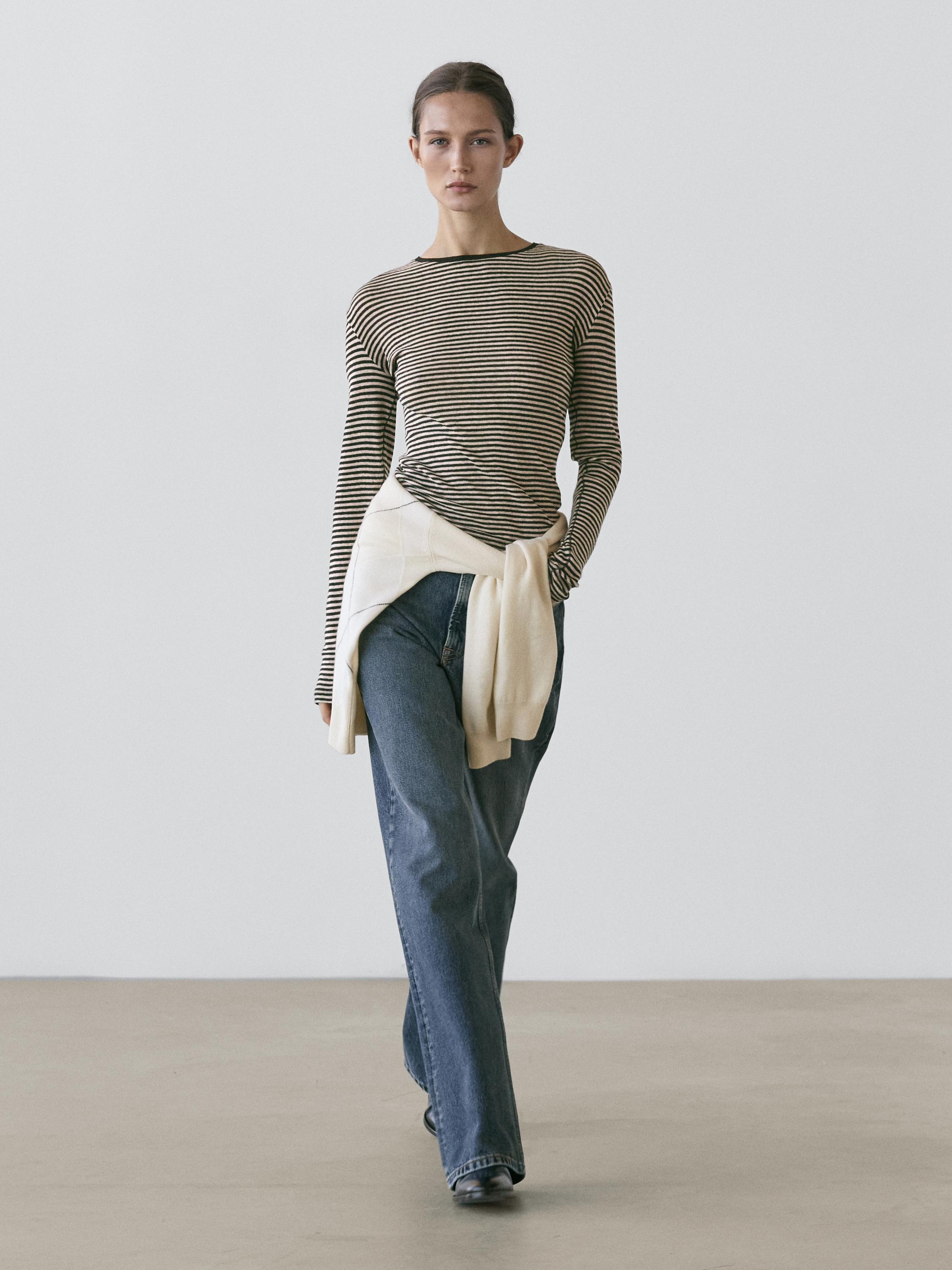 Cotton blend striped long sleeve T-shirt