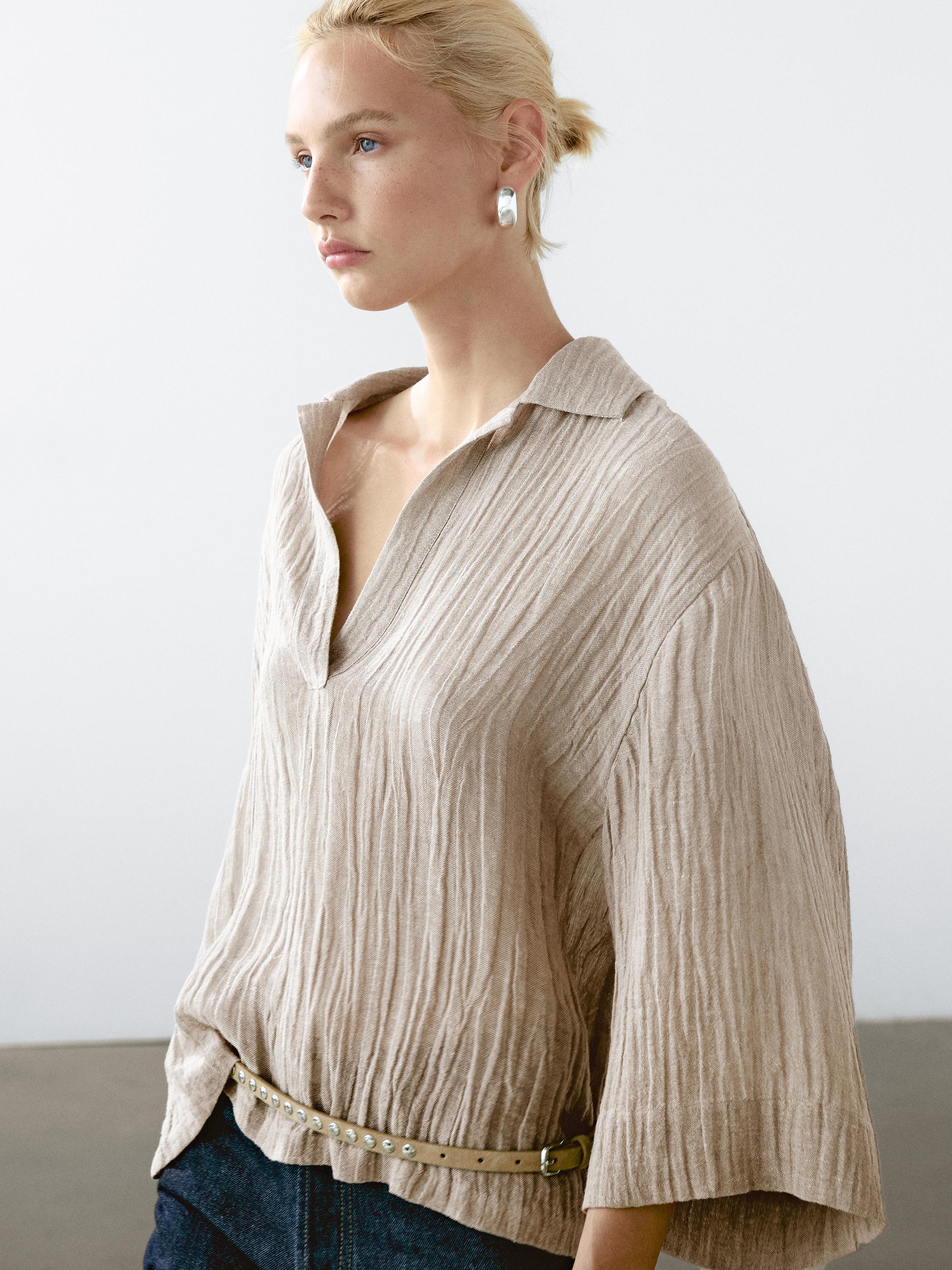 Flowing linen blend blouse with open neckline