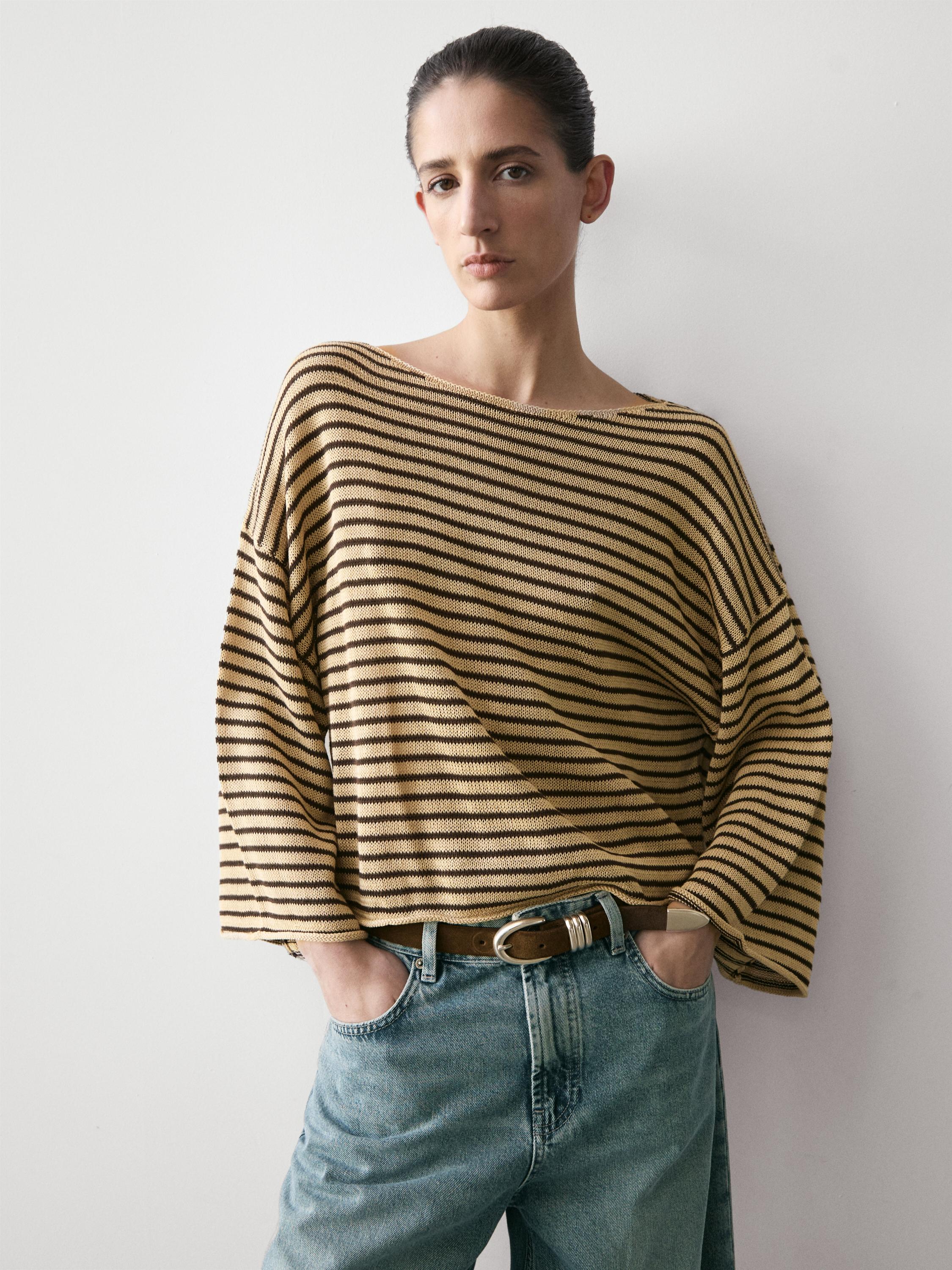 100% cotton striped knit sweater — OCHRE