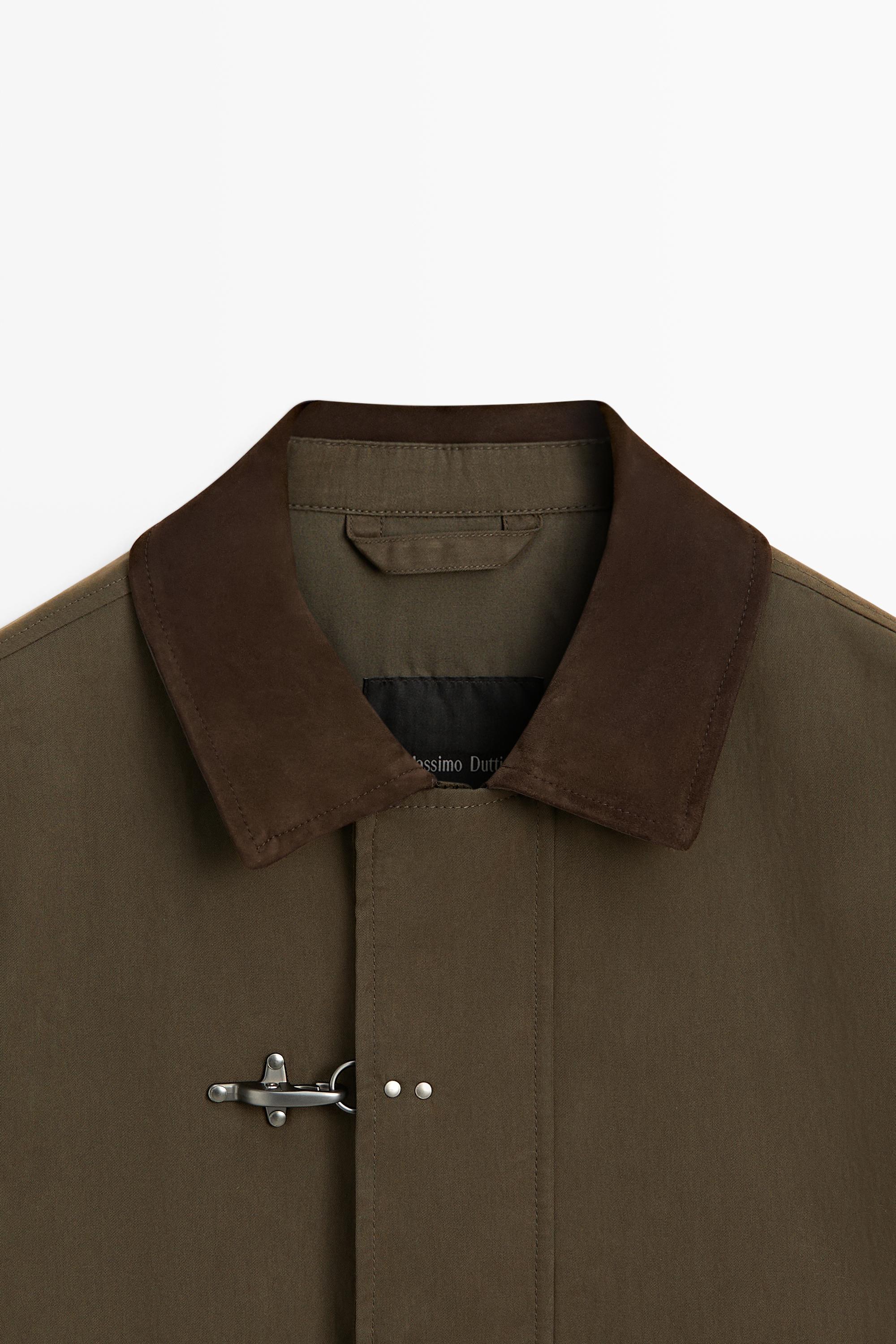 Jacket with leather collar detail — DARK KHAKI