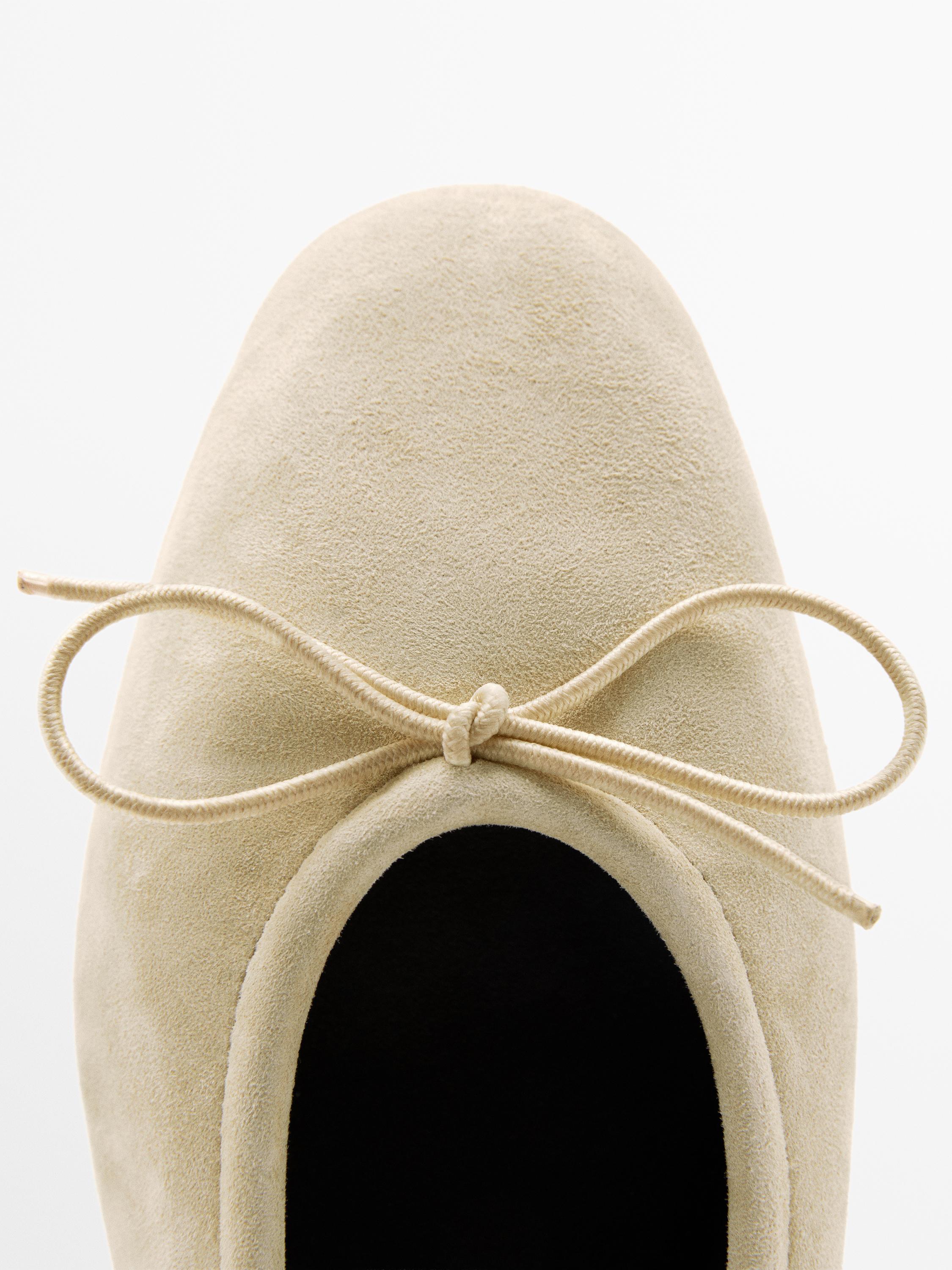 Gathered ballet flats with bow — BEIGE