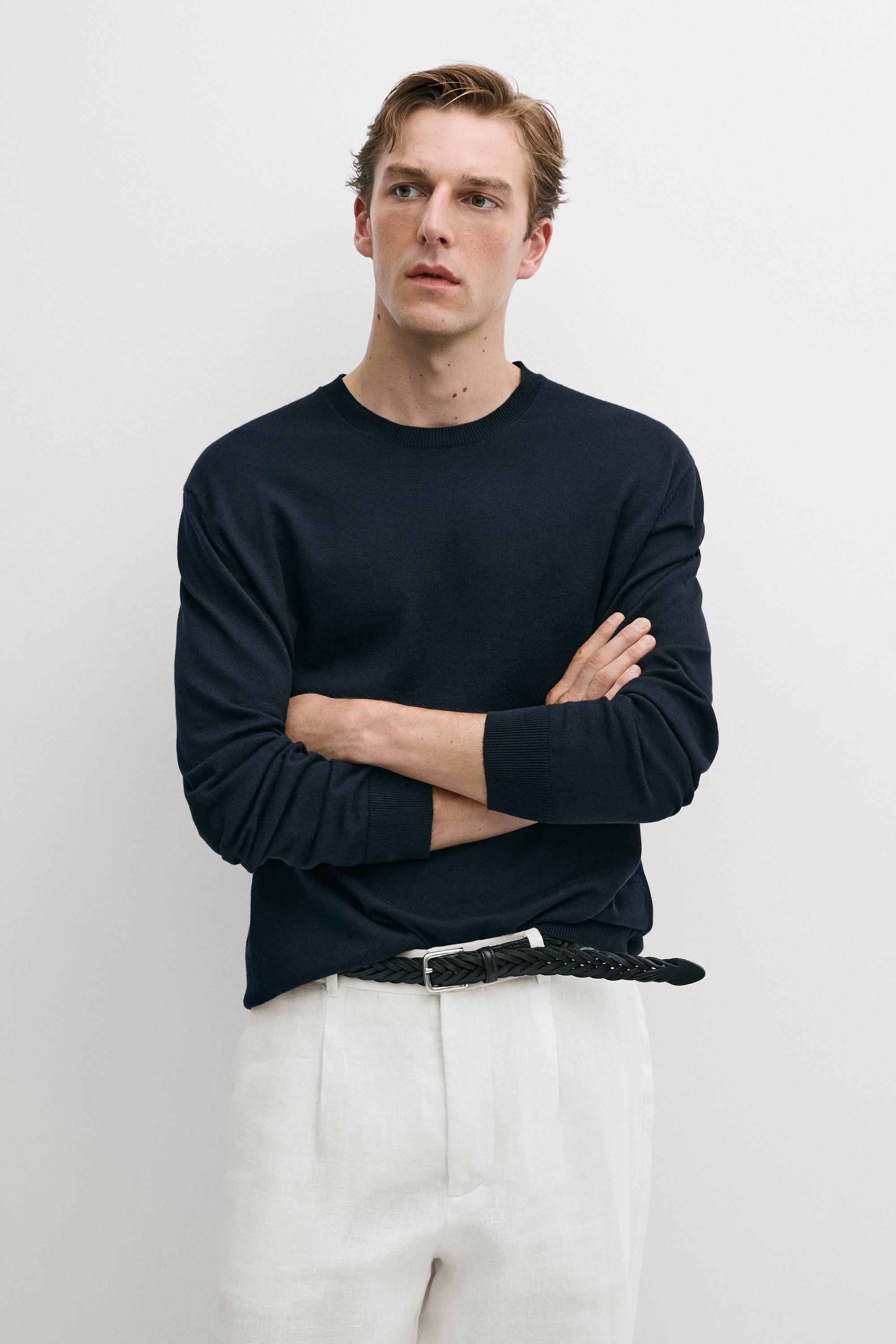 Cotton blend knit sweater — NAVY BLUE
