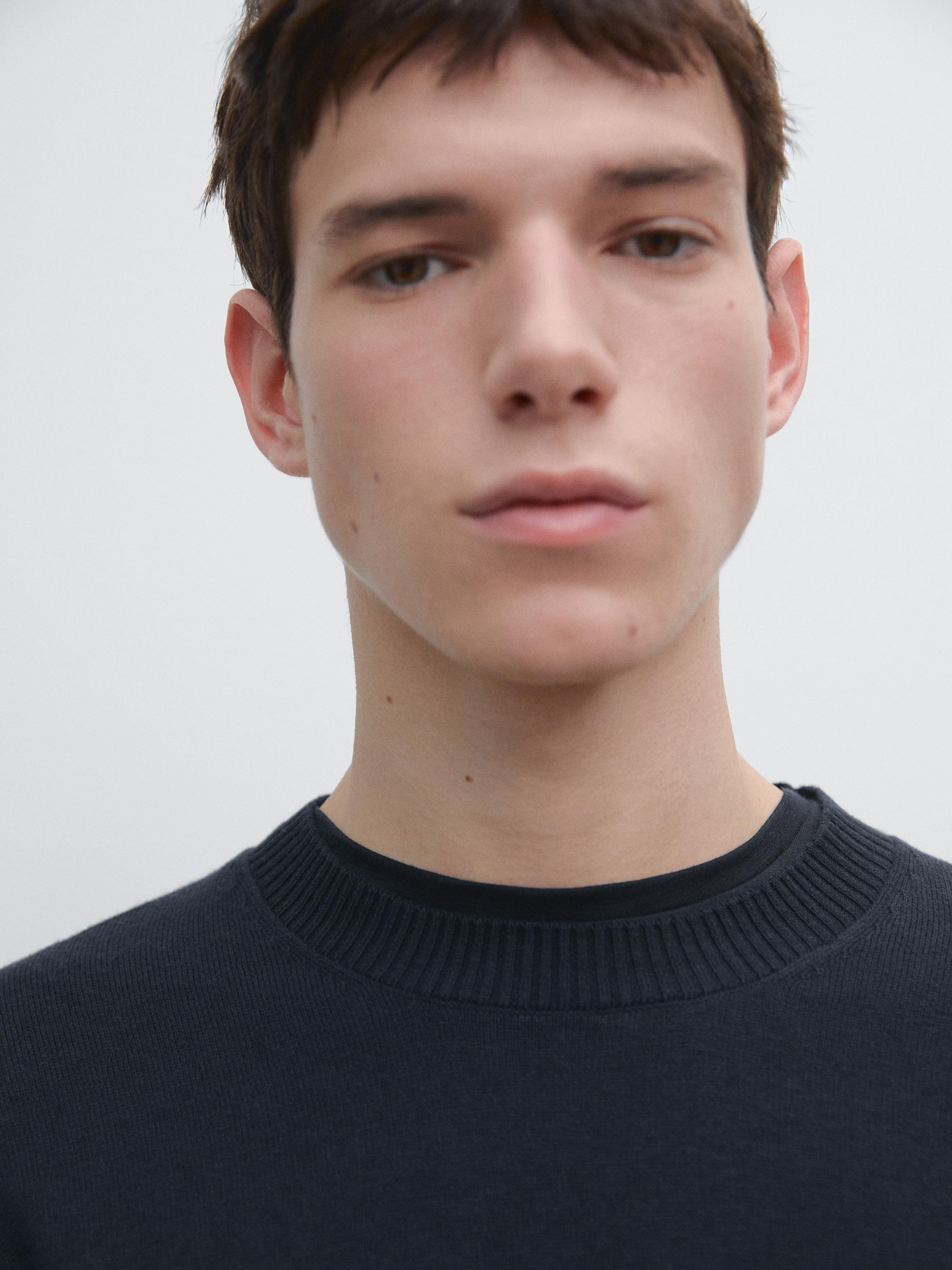 Knit cotton and wool sweater with crew neck — NAVY BLUE