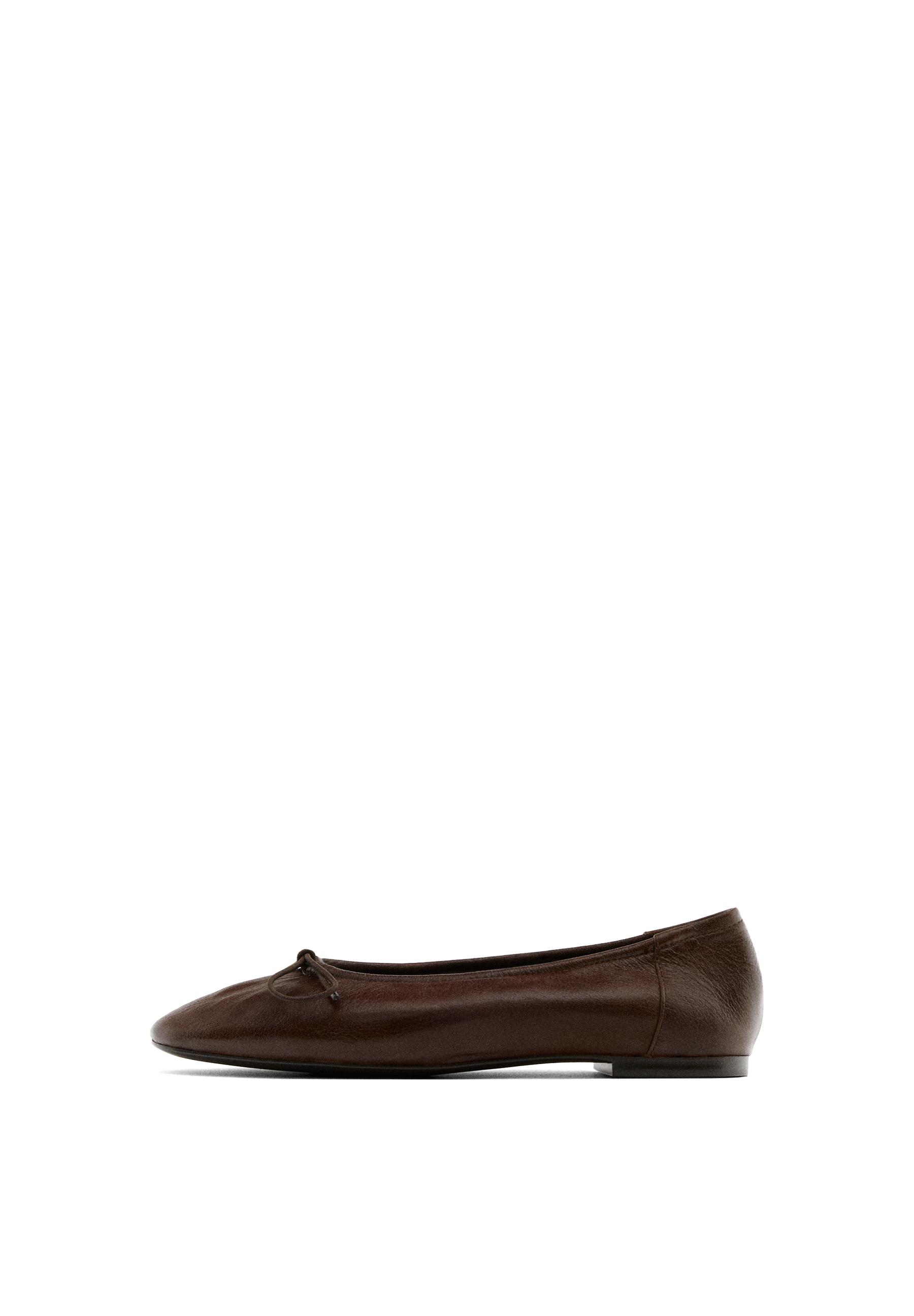 Gathered ballet flats with bow — BROWN