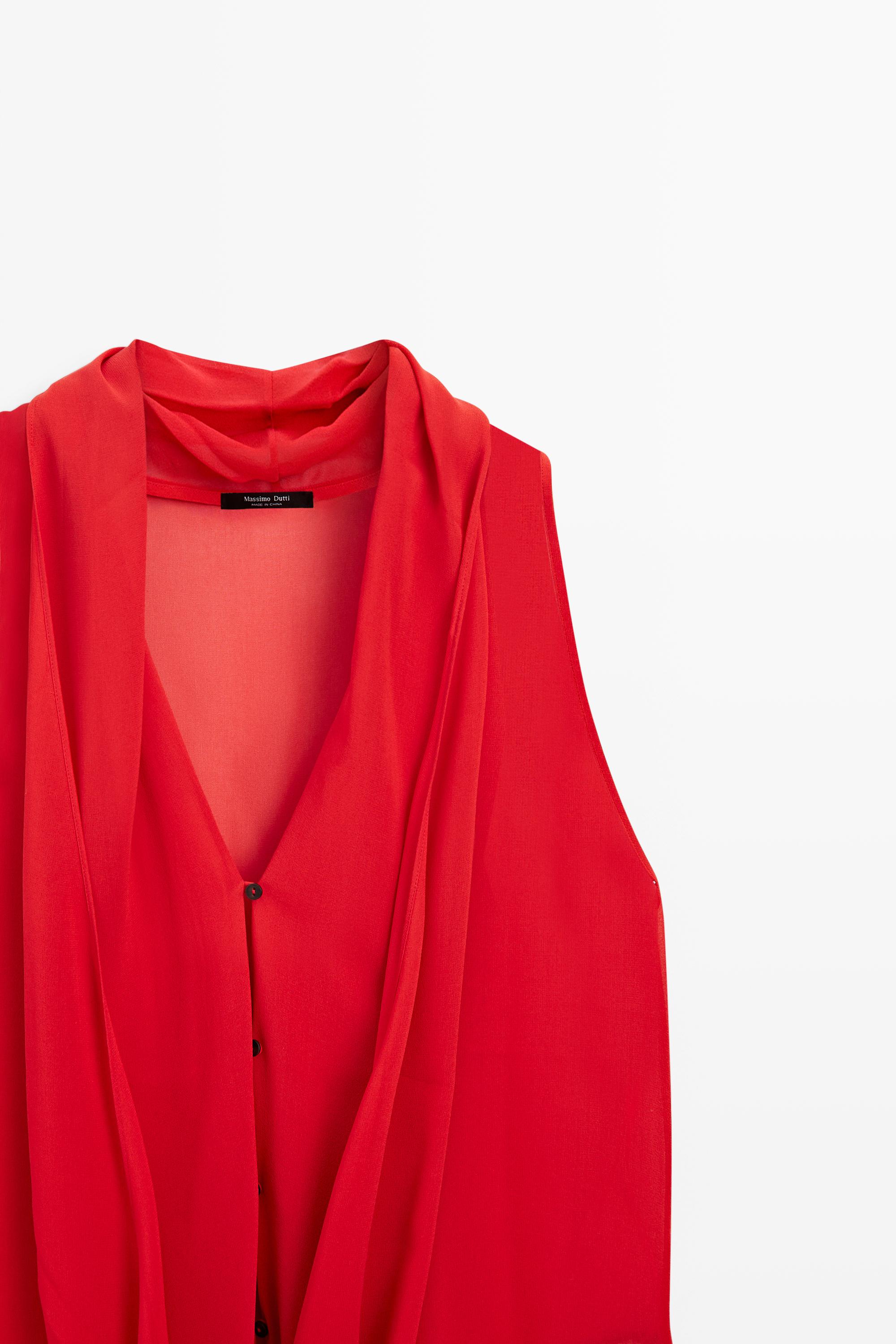 100% silk semi-sheer top with tie — RED