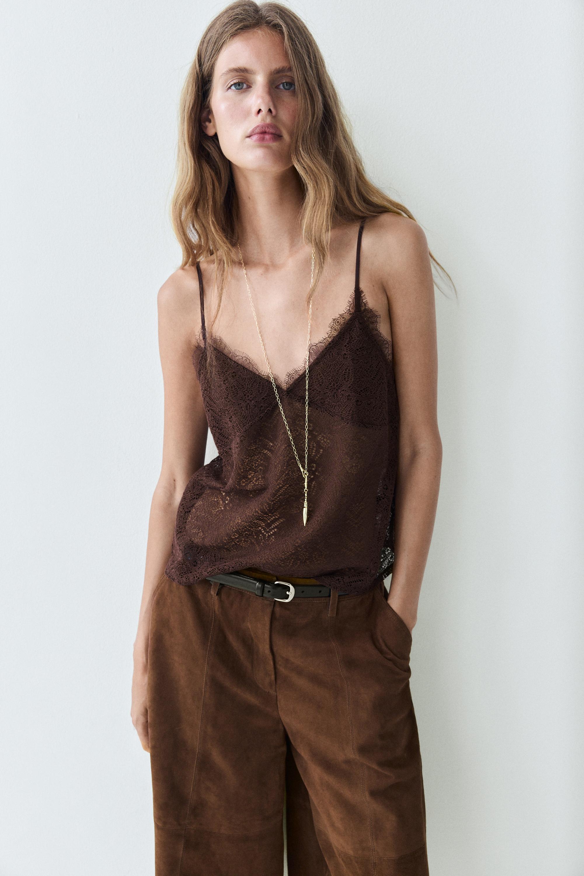 Strappy lace detail top — BROWN