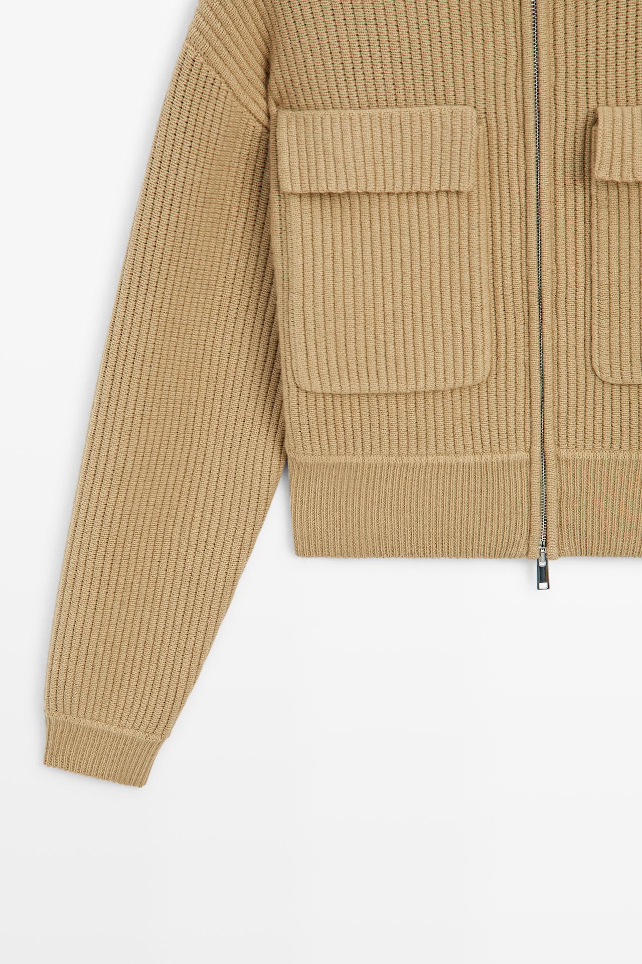 Zip-up knit cardigan with cotton — CAMEL