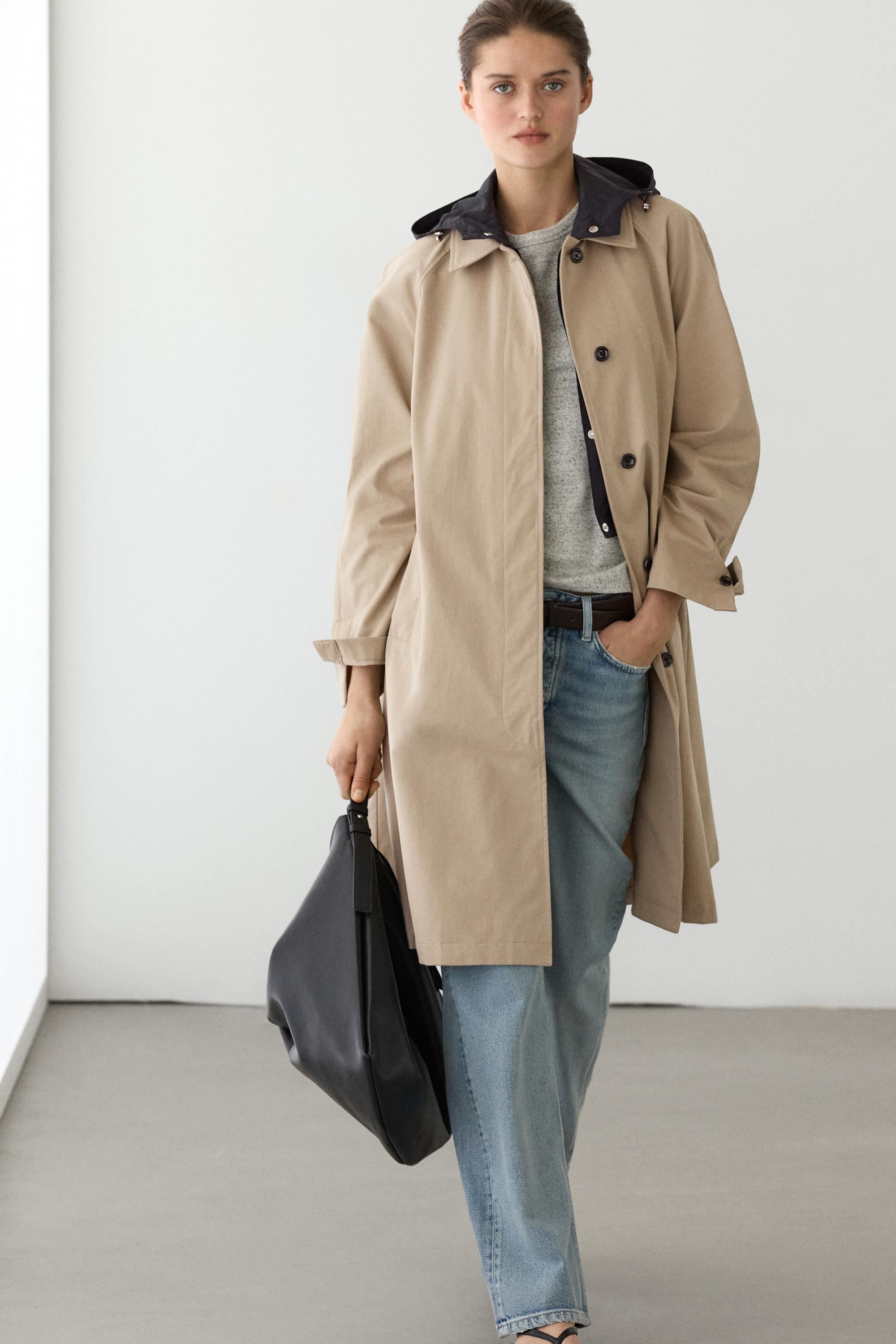 Cape trench coat with detachable hood