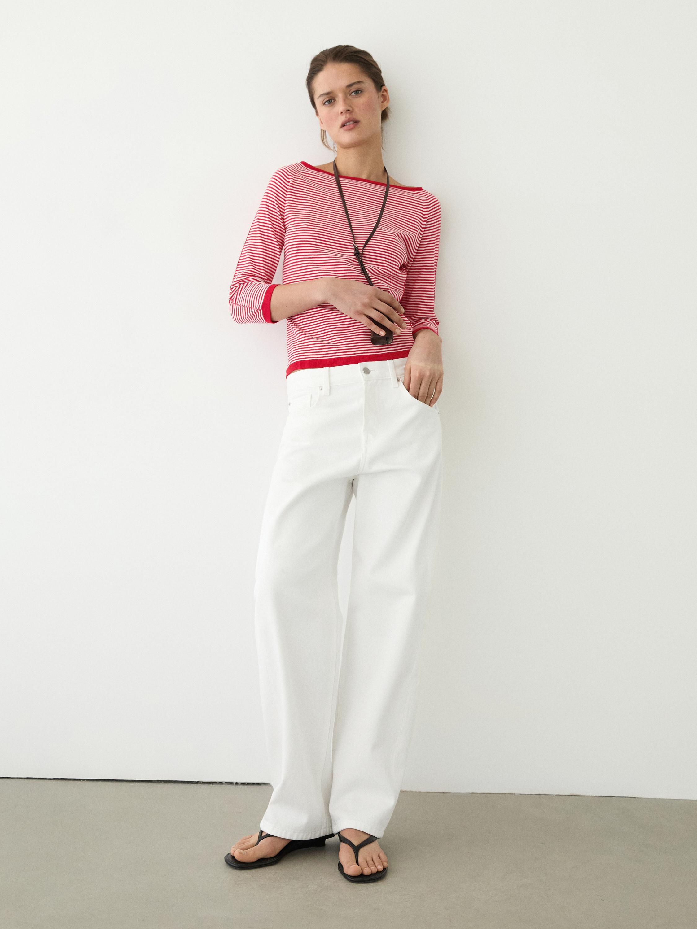 100% cotton striped knit sweater — RED