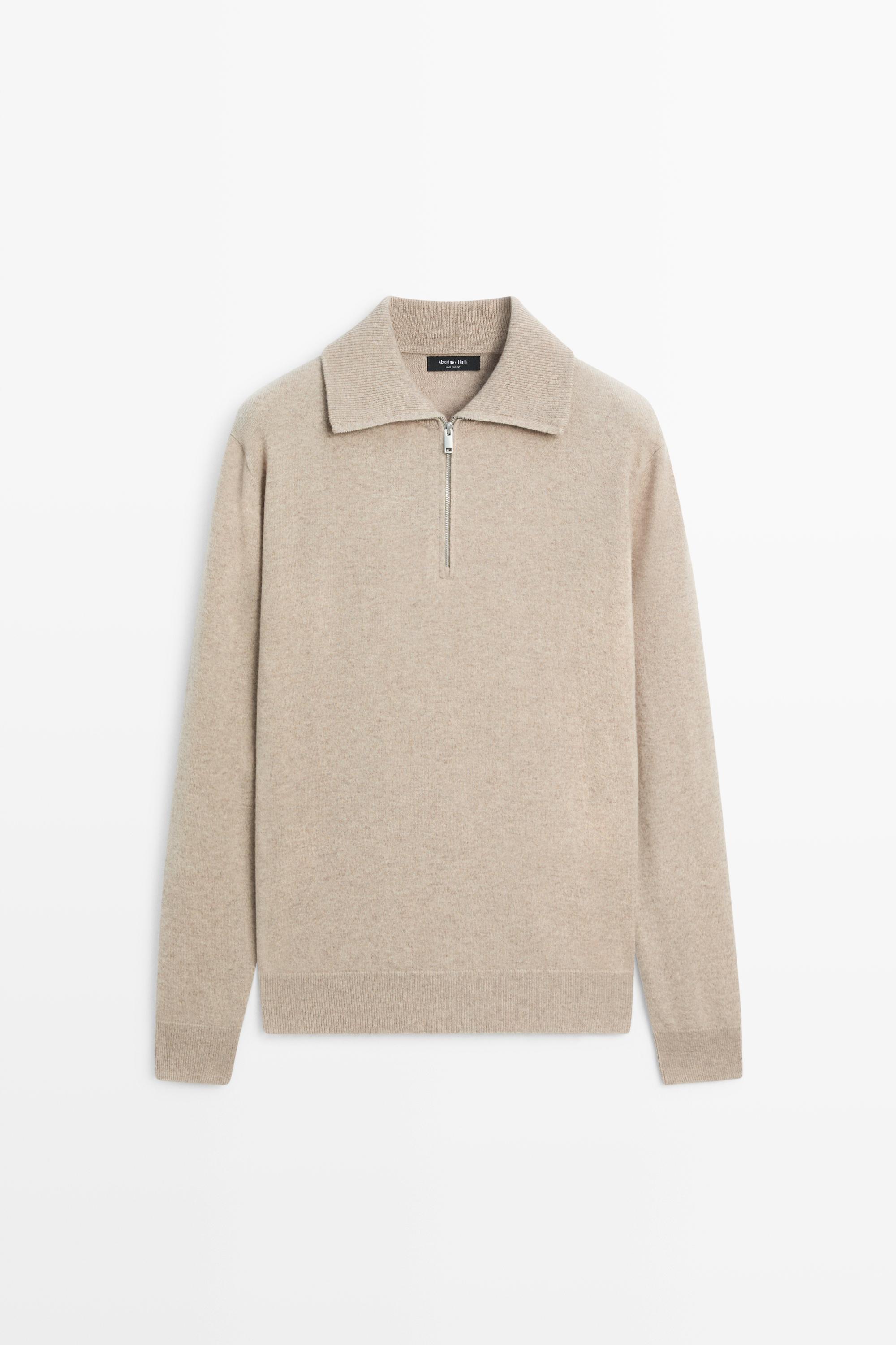 Mock neck zip-up knit sweater — Sand