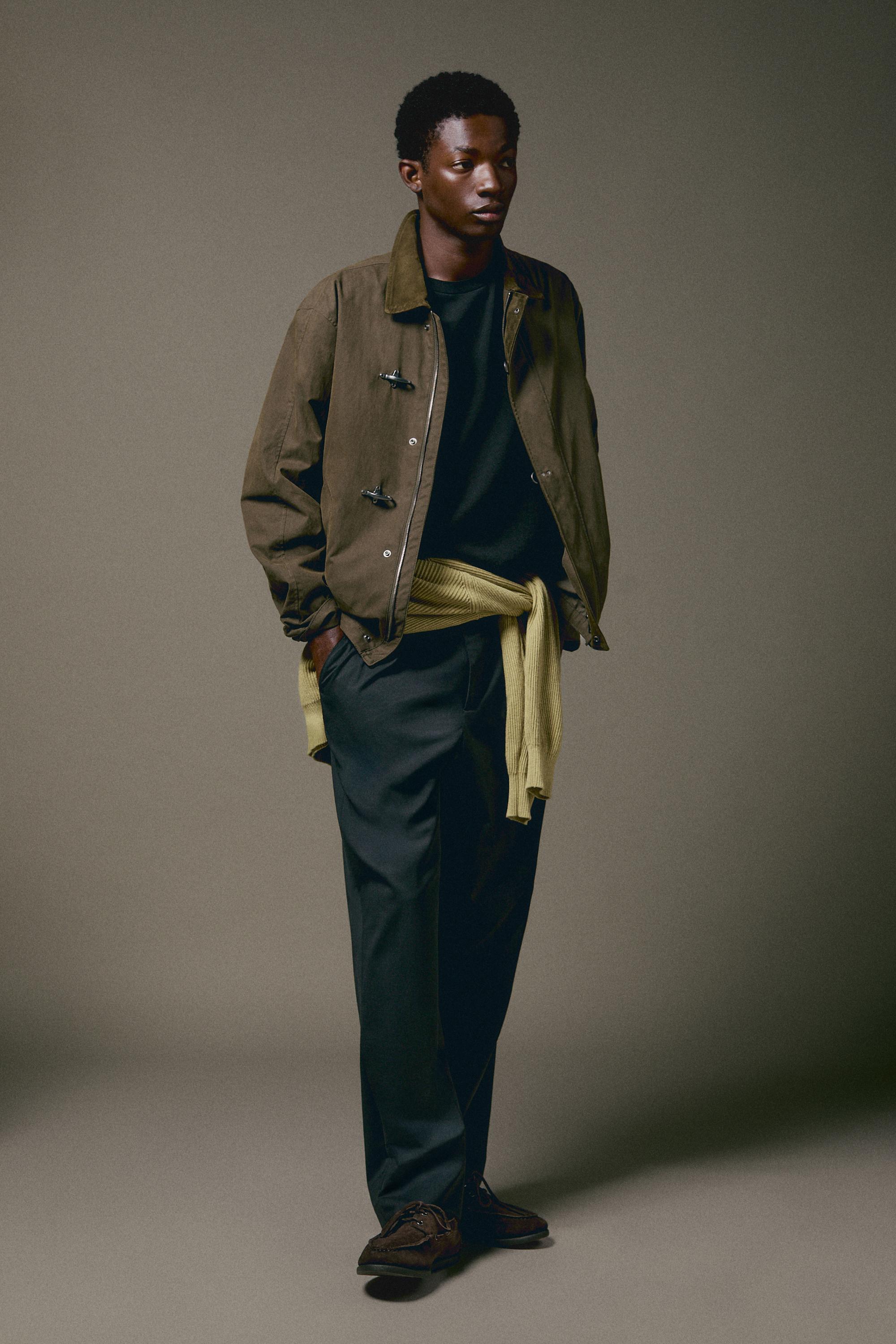 Jacket with leather collar detail — DARK KHAKI