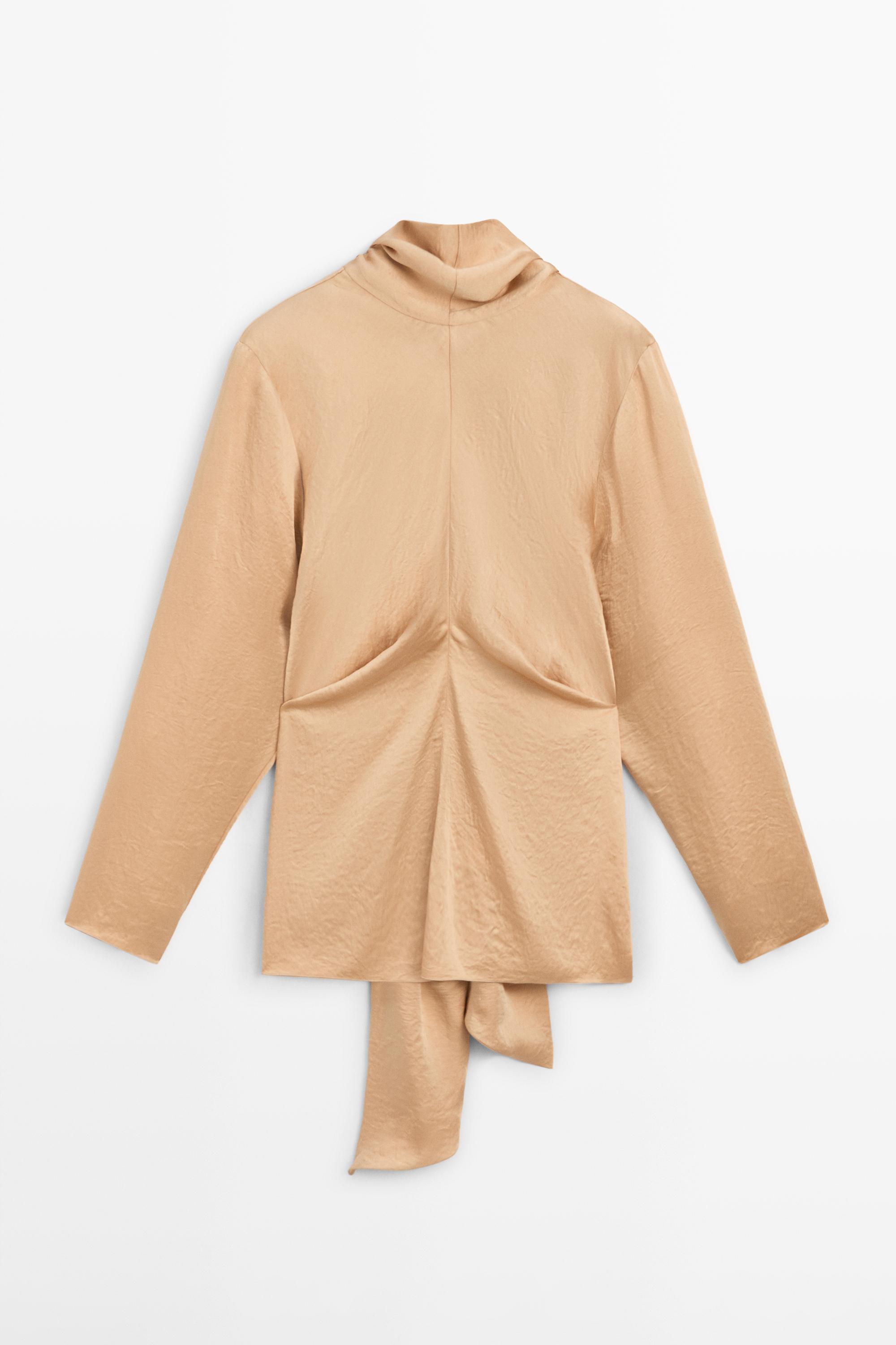 Flowing satin blouse with tie detail - STUDIO — Beige