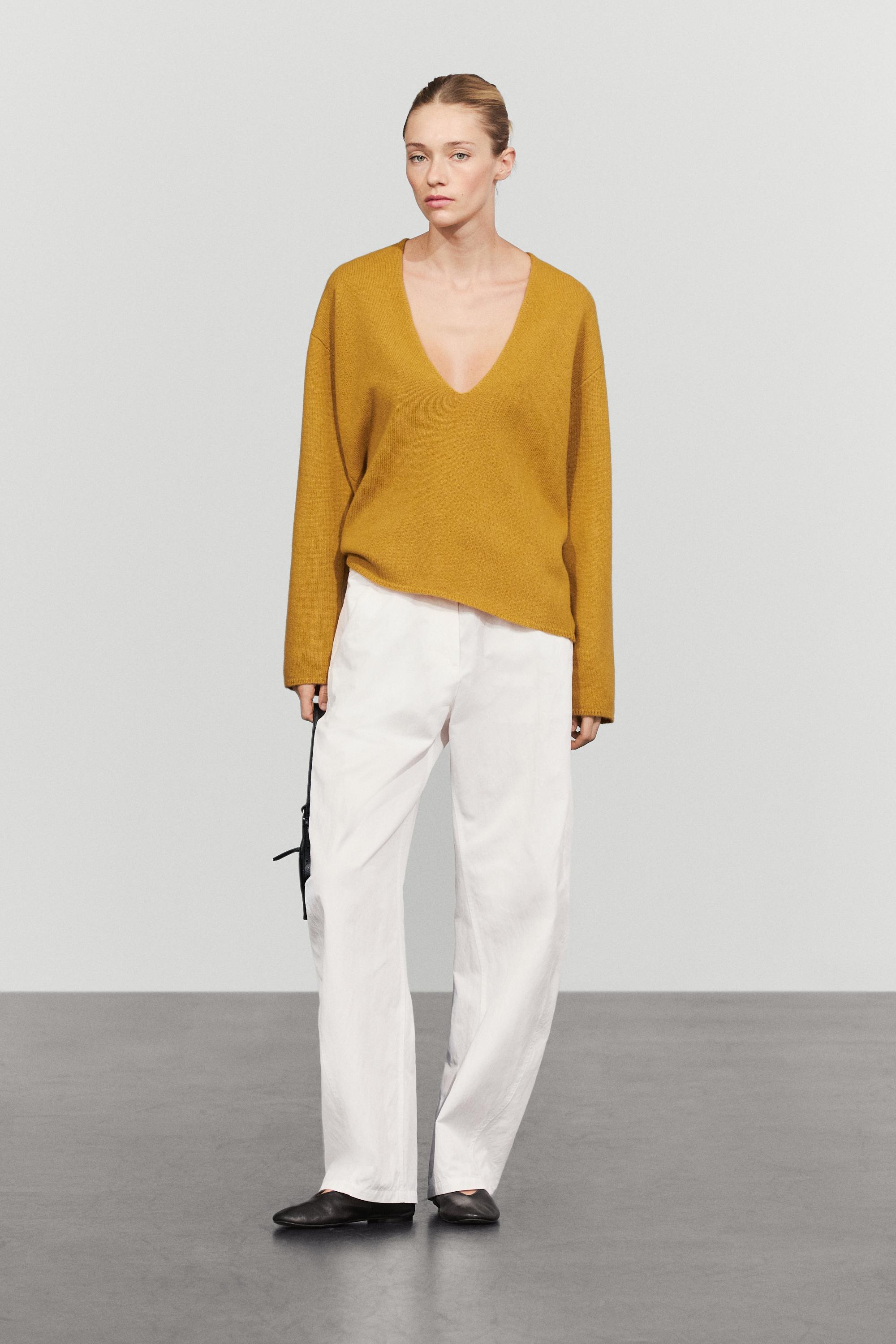 Long-line knit sweater with neckline detail — MUSTARD YELLOW
