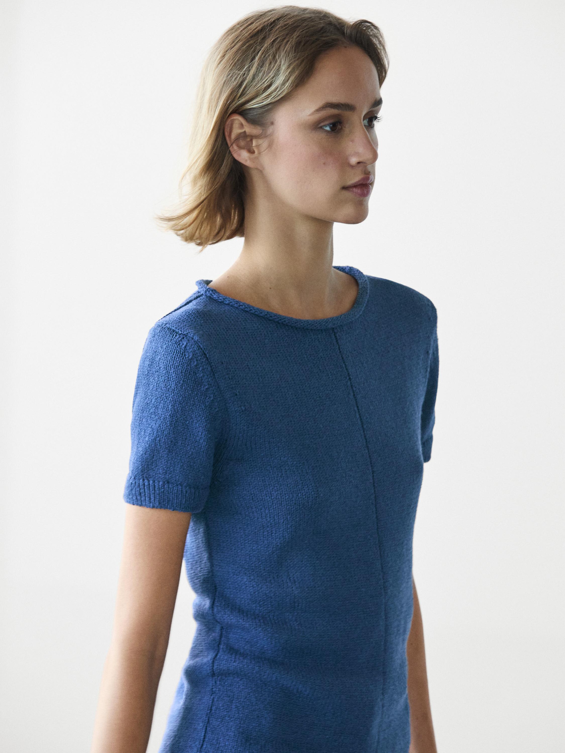 Short sleeve knit cotton blend sweater — DEEP BLUE
