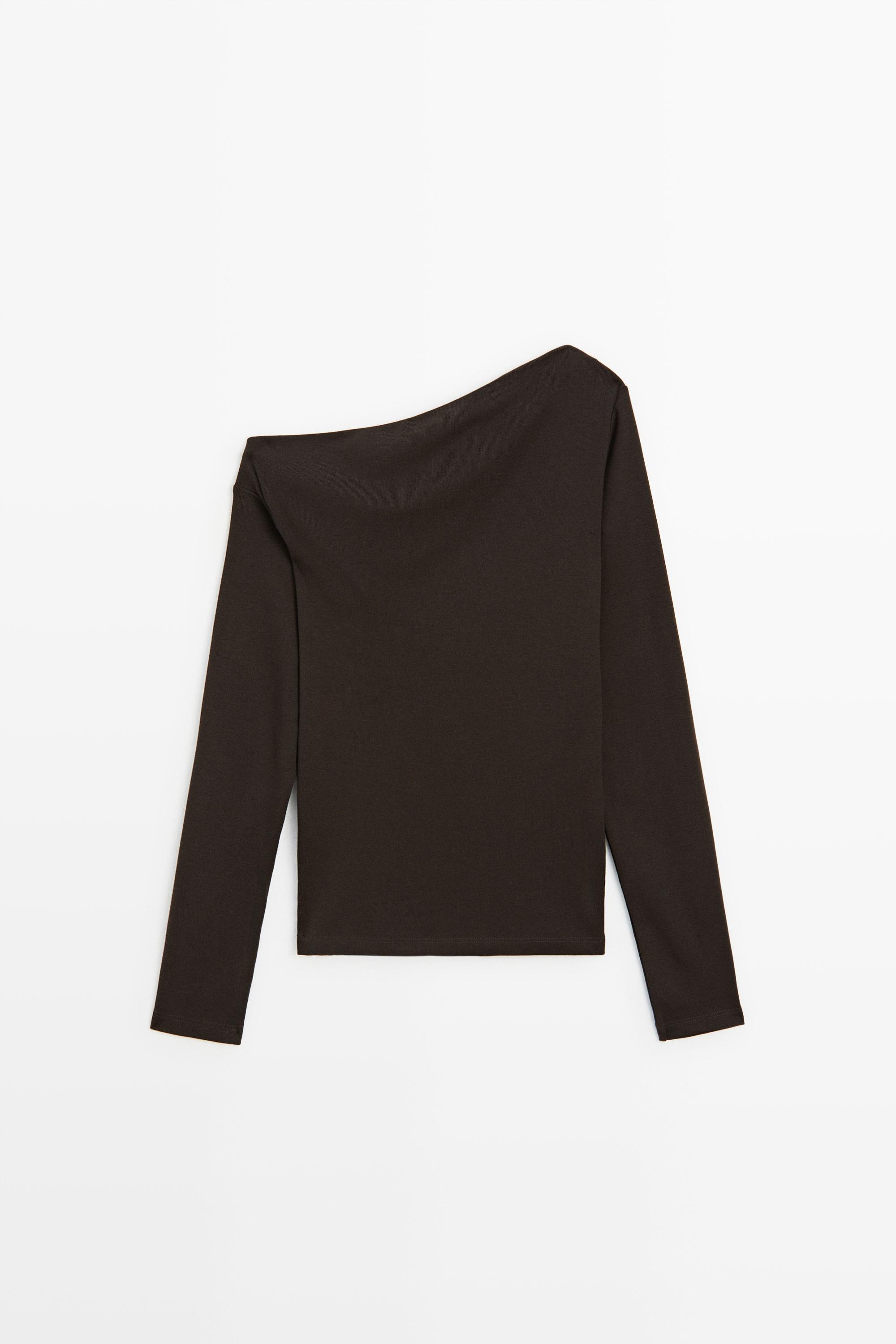Draped shoulder detail T-shirt — BROWN