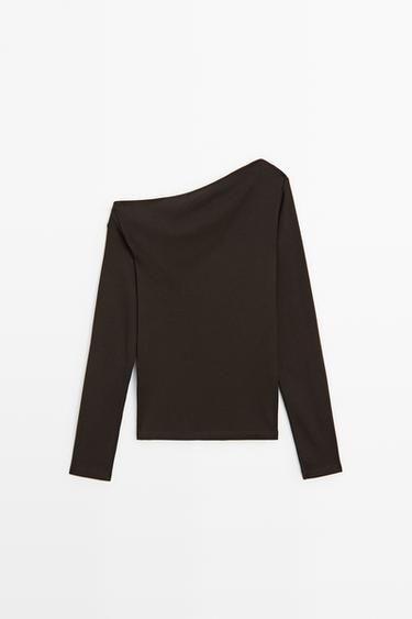 Draped shoulder detail T-shirt — BROWN 6