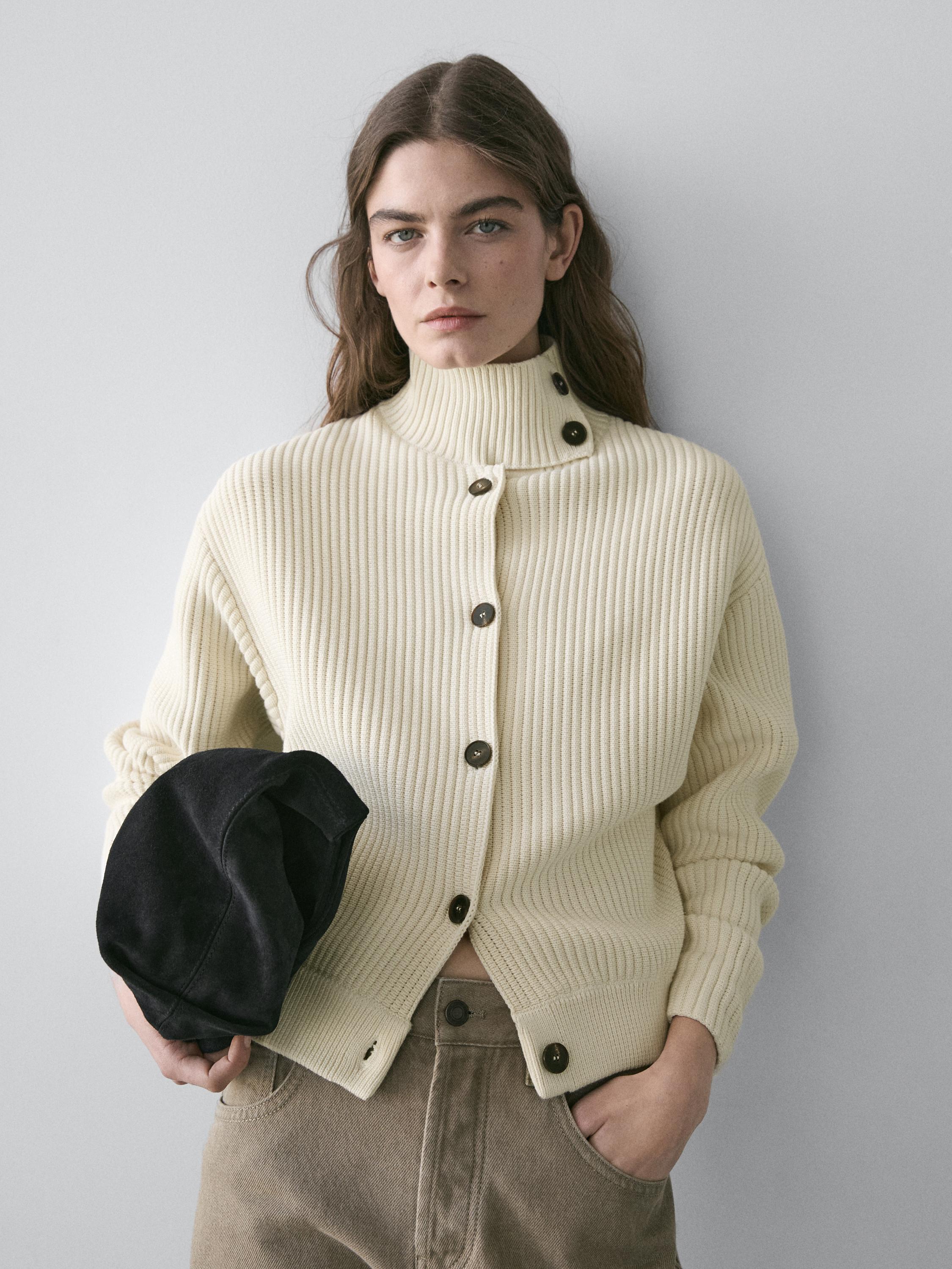 High-neck cotton knit cardigan