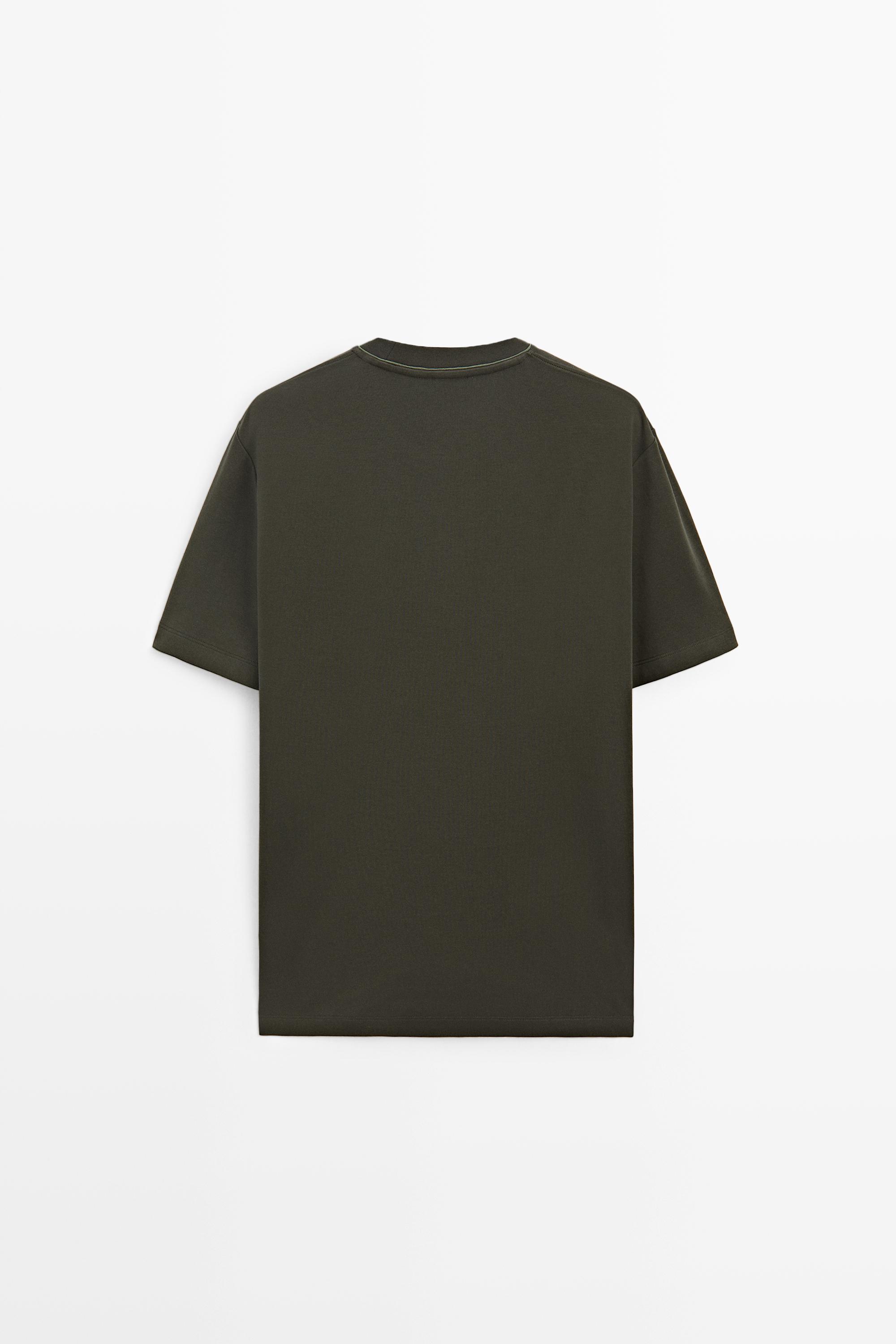 Contrast neck short sleeve T-shirt — DARK KHAKI