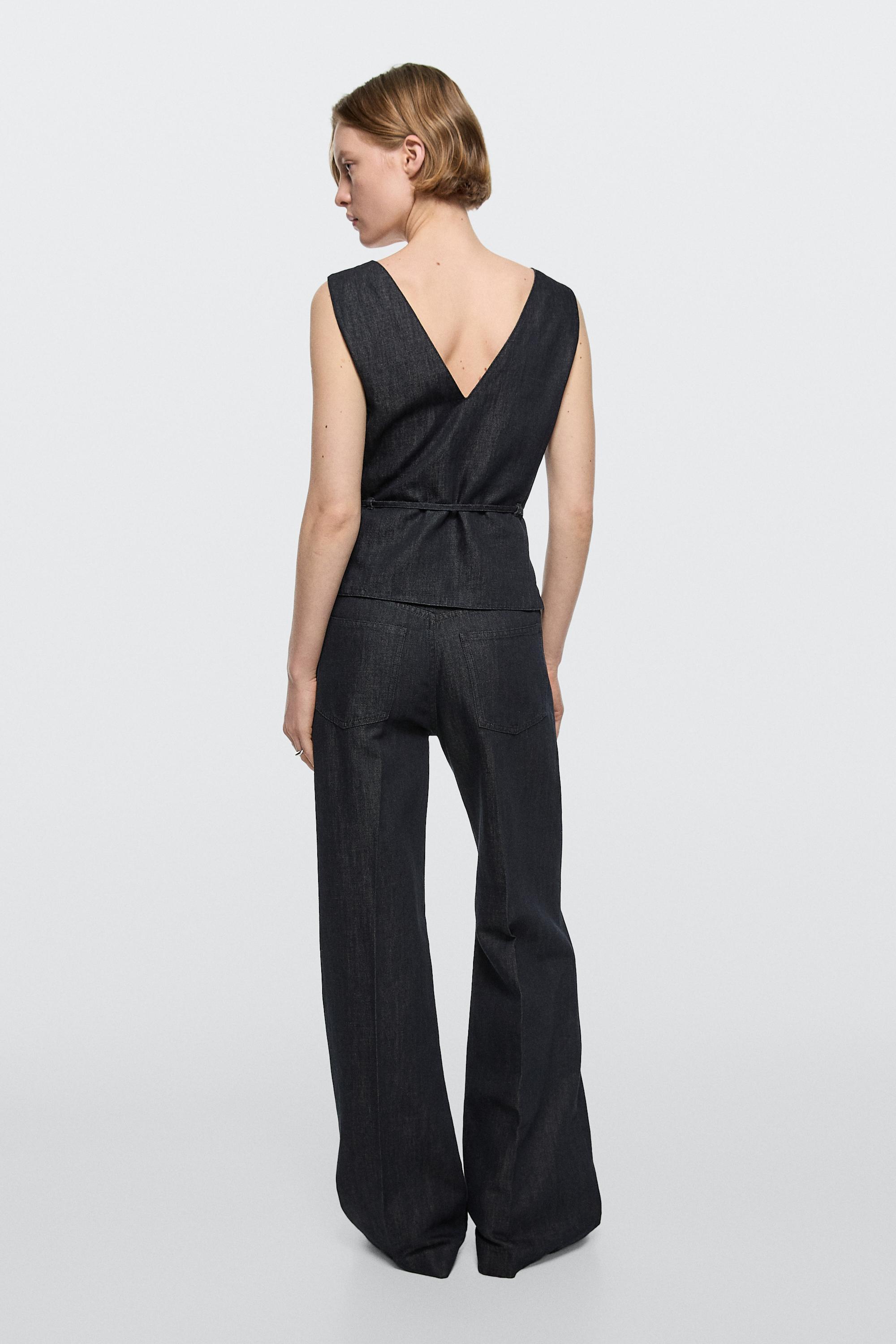 High-waist palazzo denim pants co-ord — DARK BLUE