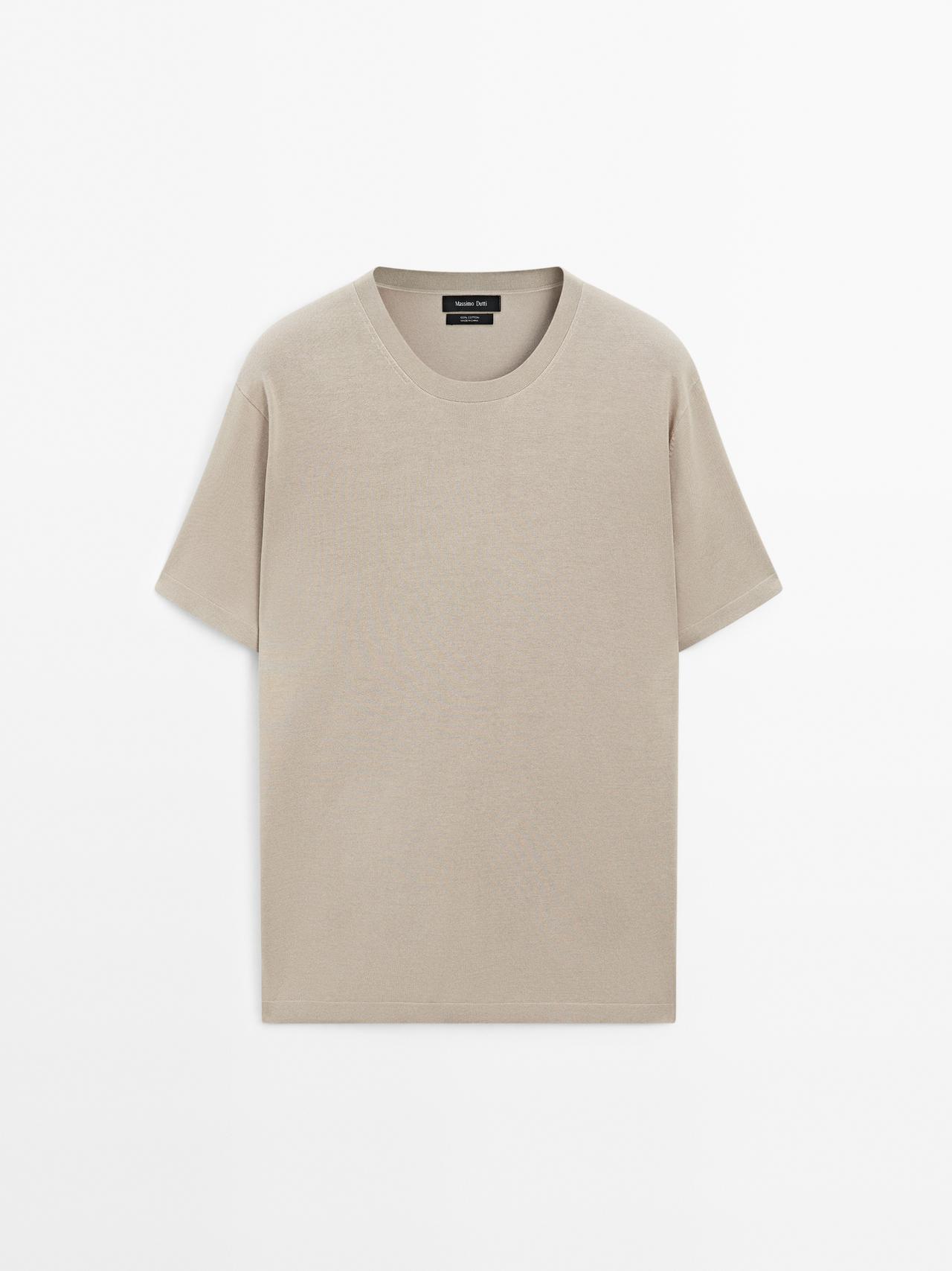Massimo Dutti - Herre - Strikket T-Shirt I 100 % Bomuld - Beige - M