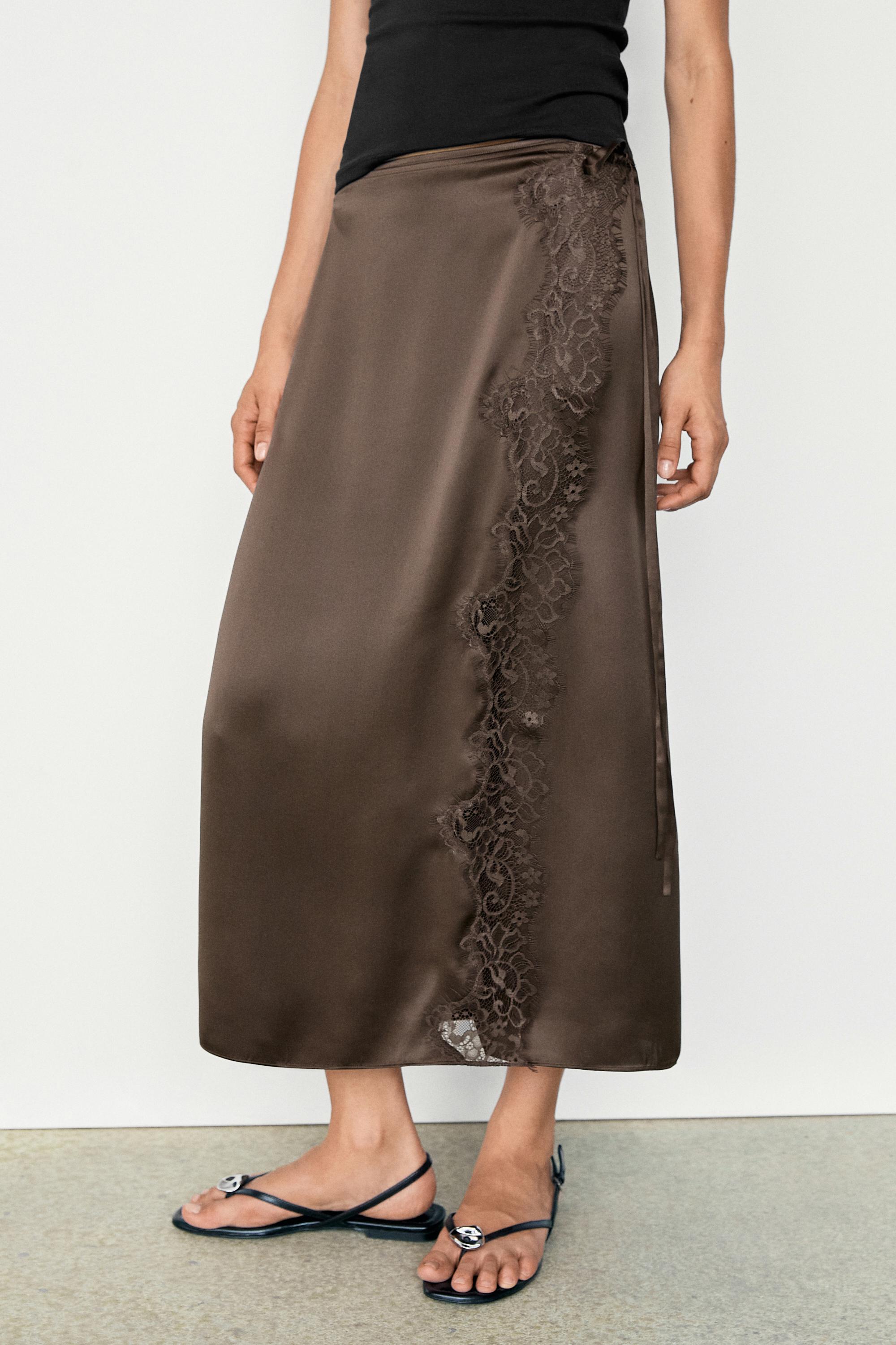 100% silk lace-detail pareo skirt — Chocolate