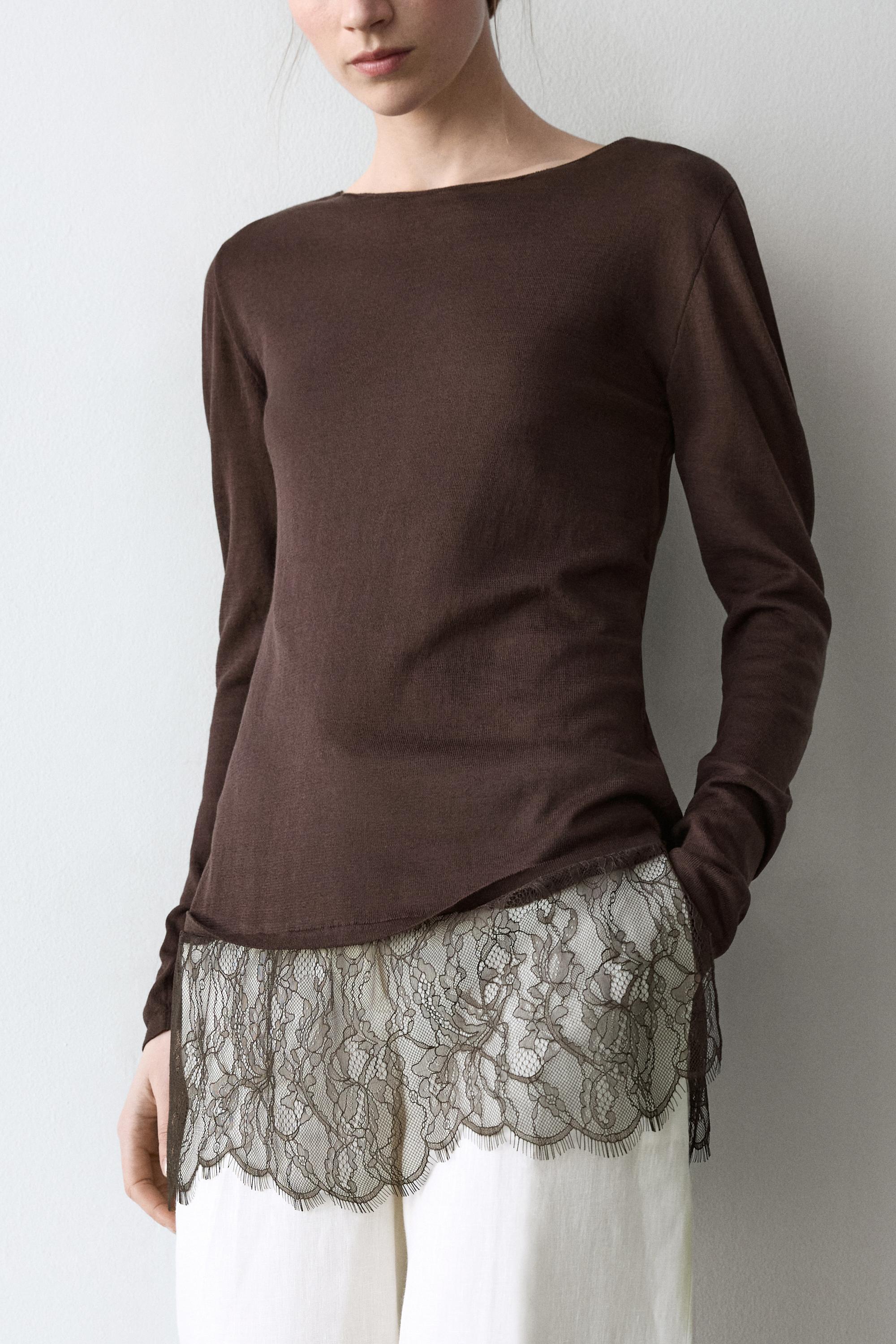 Long sleeve T-shirt with lace detail — BROWN