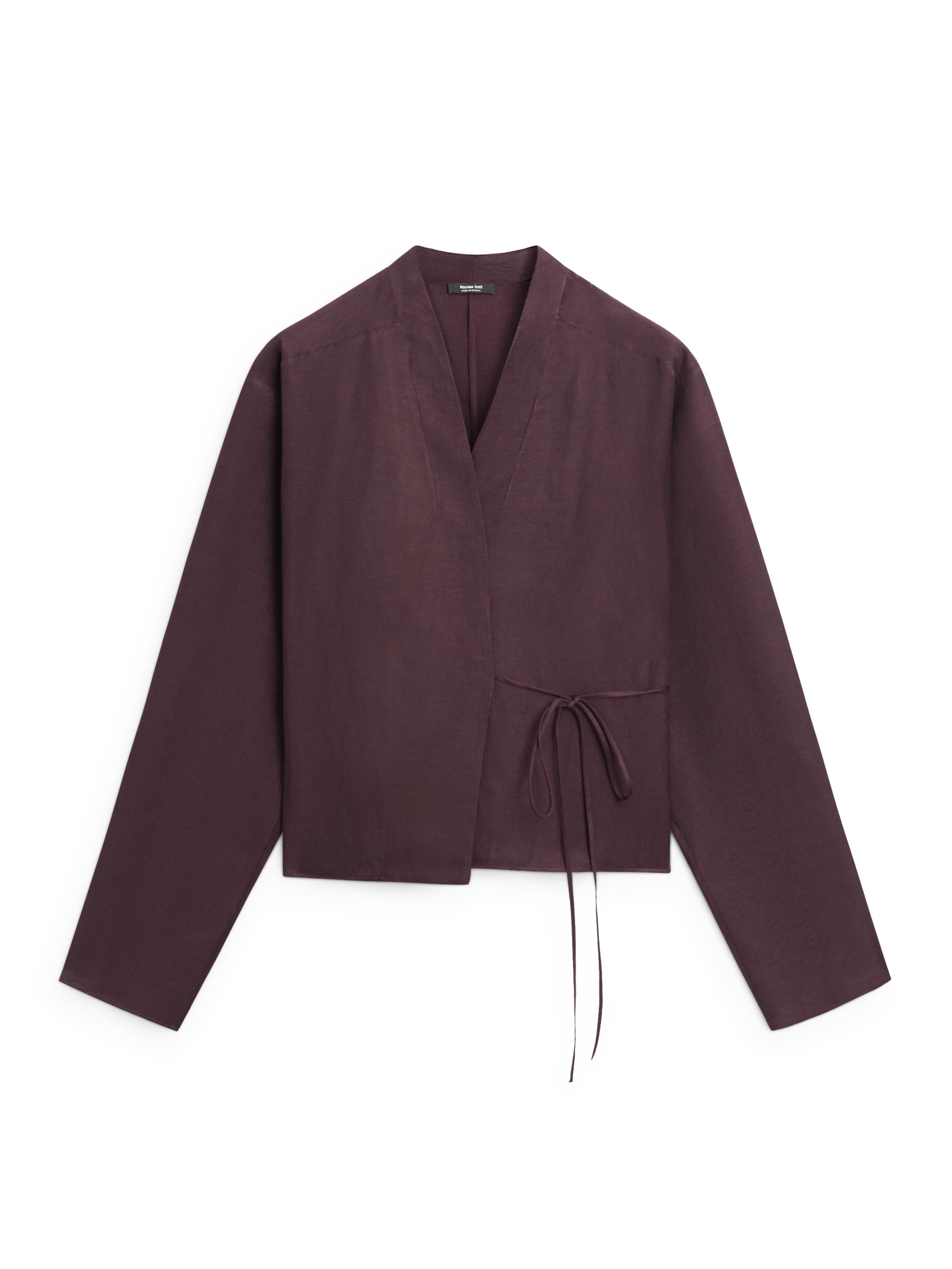 Linen blend shirt with bow detail — AUBERGINE