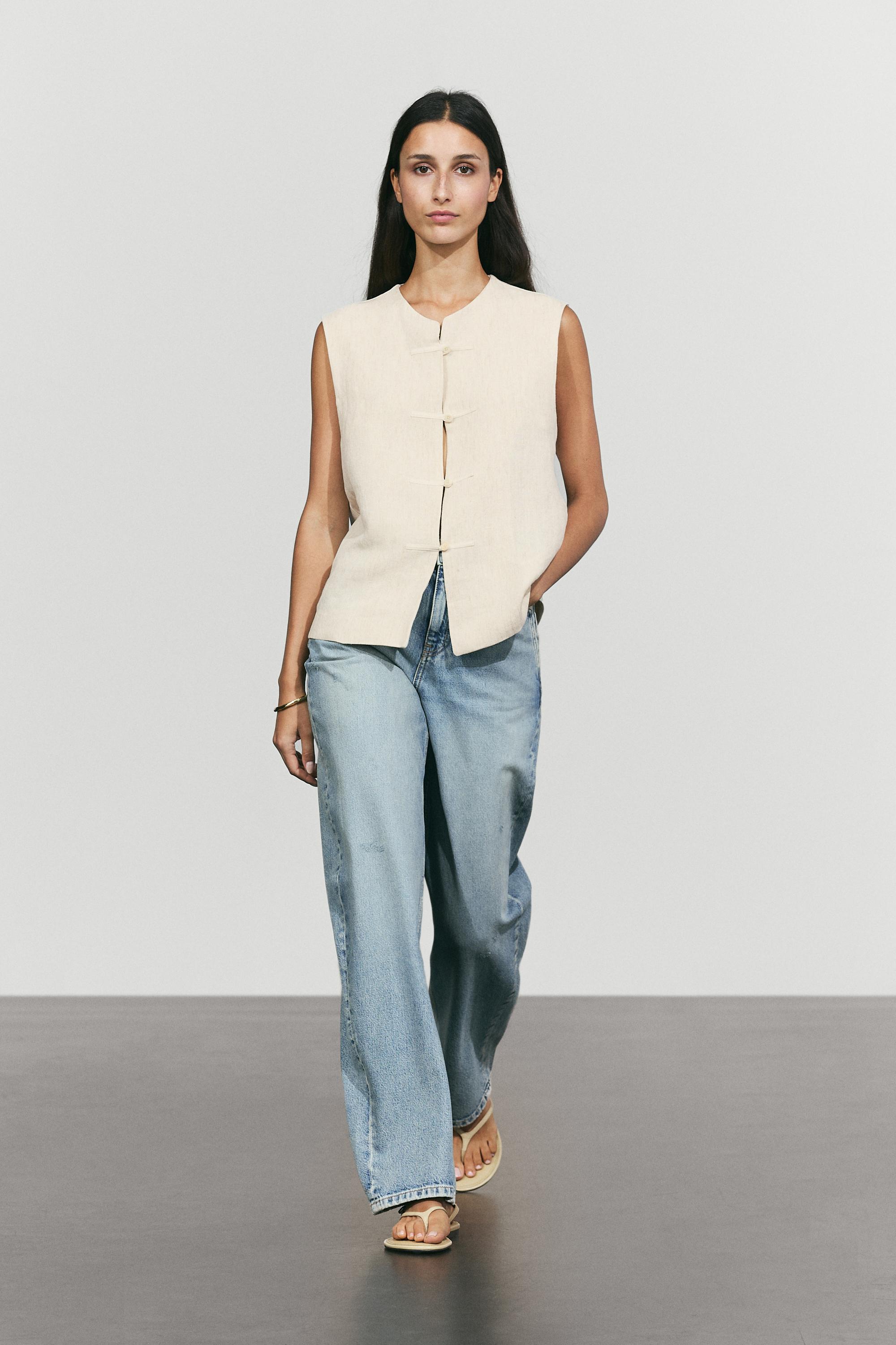 Linen blend button-detail vest — SAND