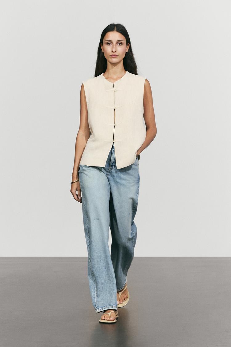 Linen blend button-detail vest — SAND