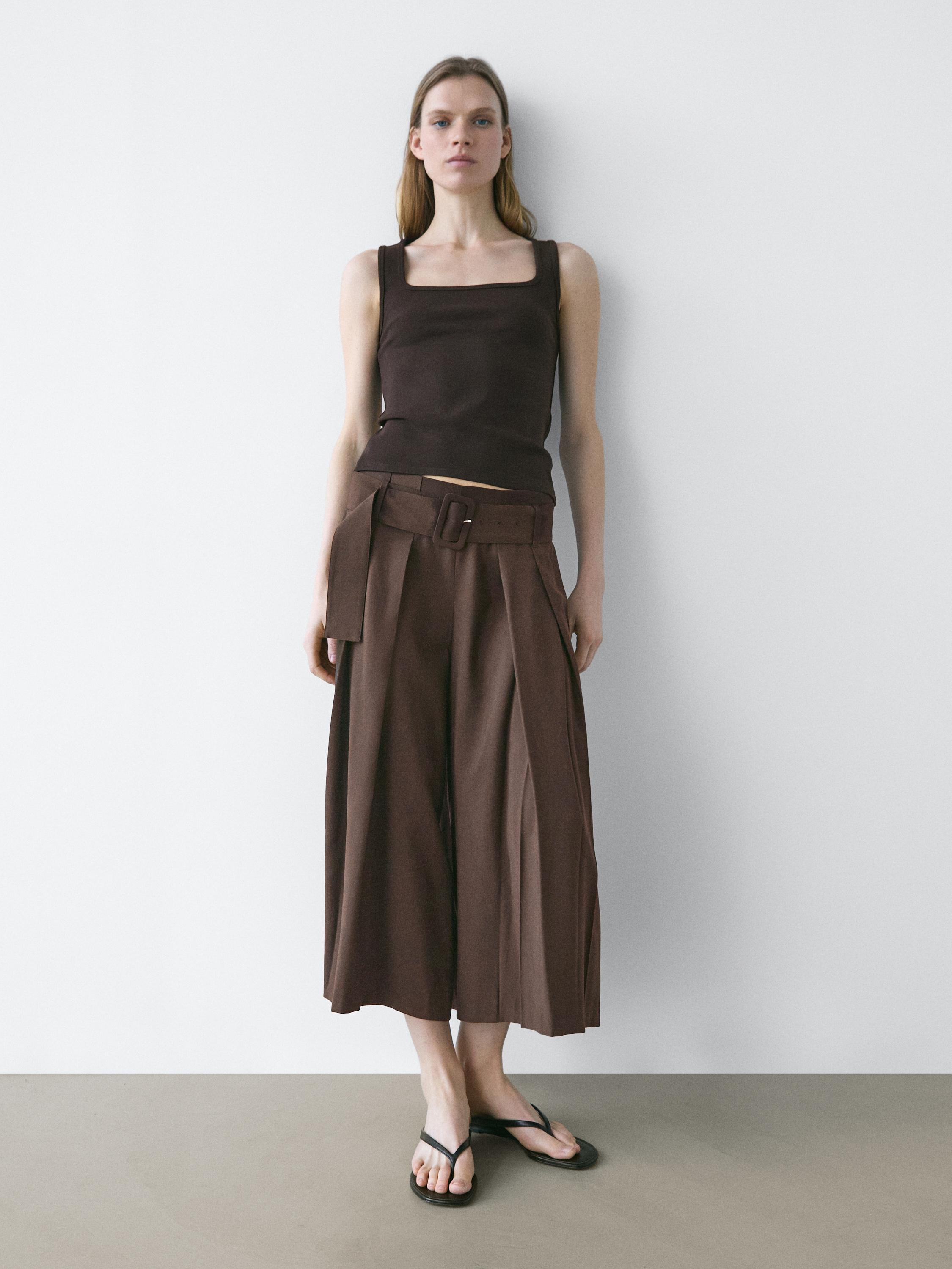 Pleated midi skort — BROWN
