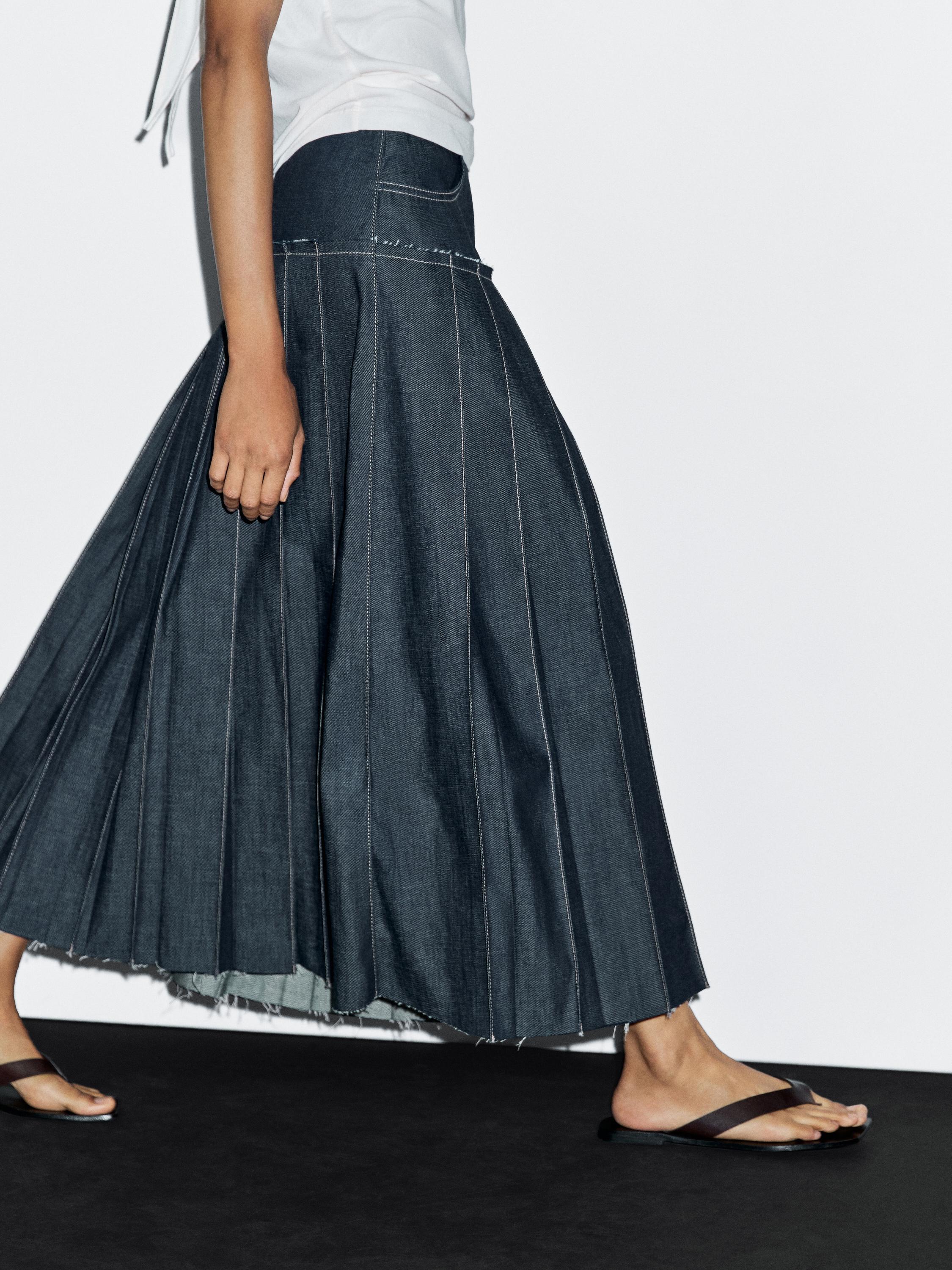 Denim midi skirt with box pleats