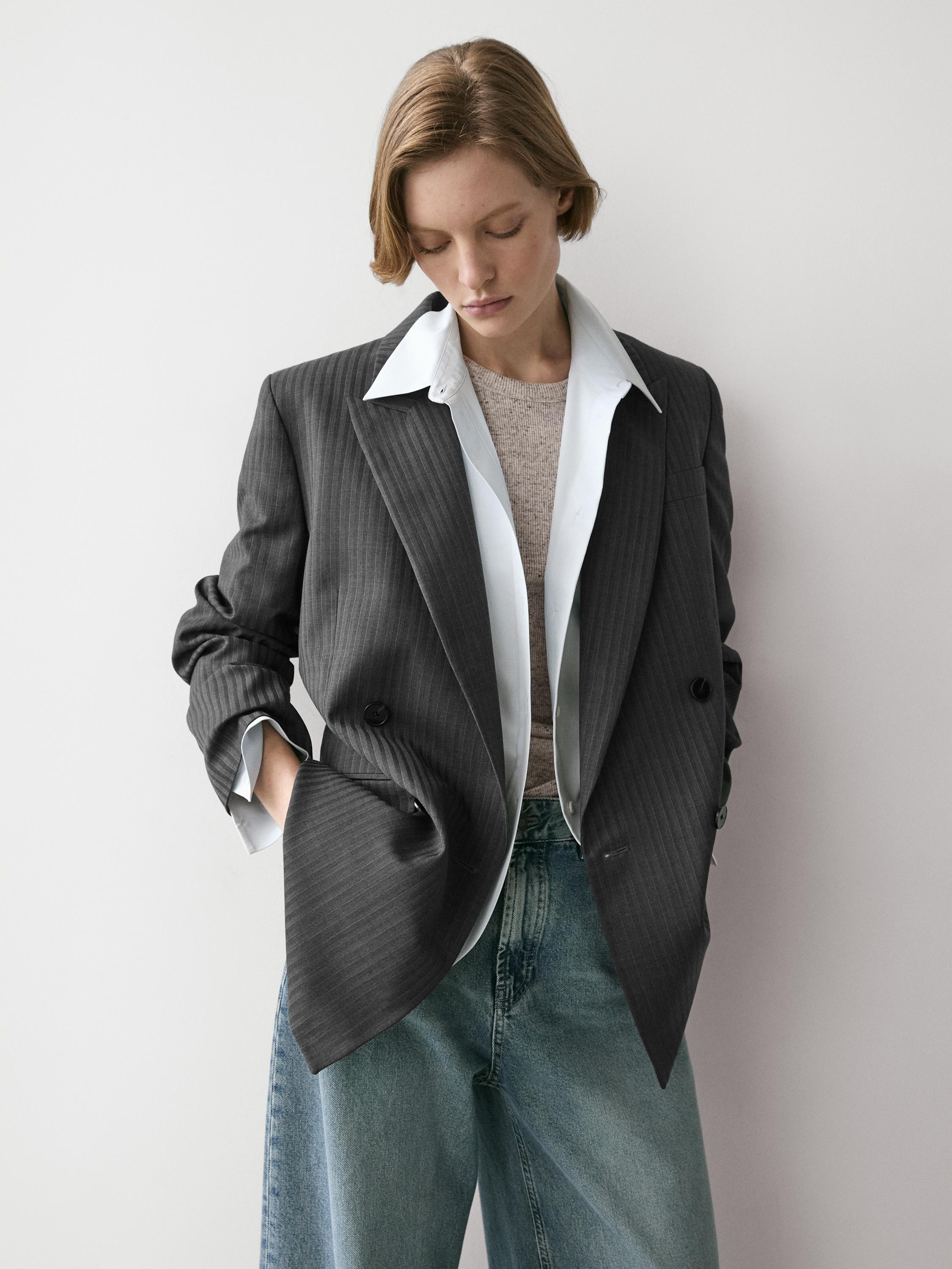 Pinstripe cool wool blend suit blazer — GREY