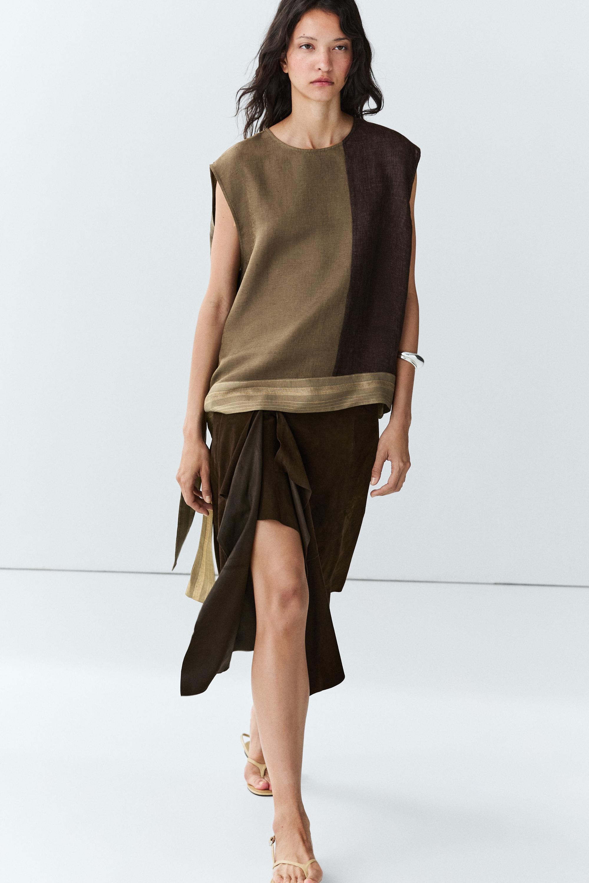 Linen-blend color-block flowing top — BROWN