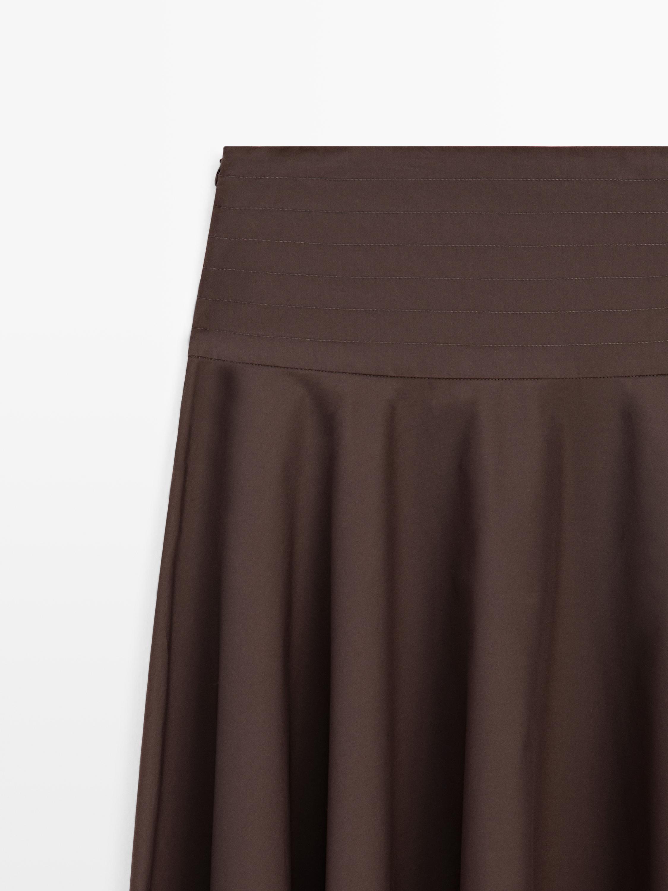 Dikiş detaylı kuşaklı midi etek