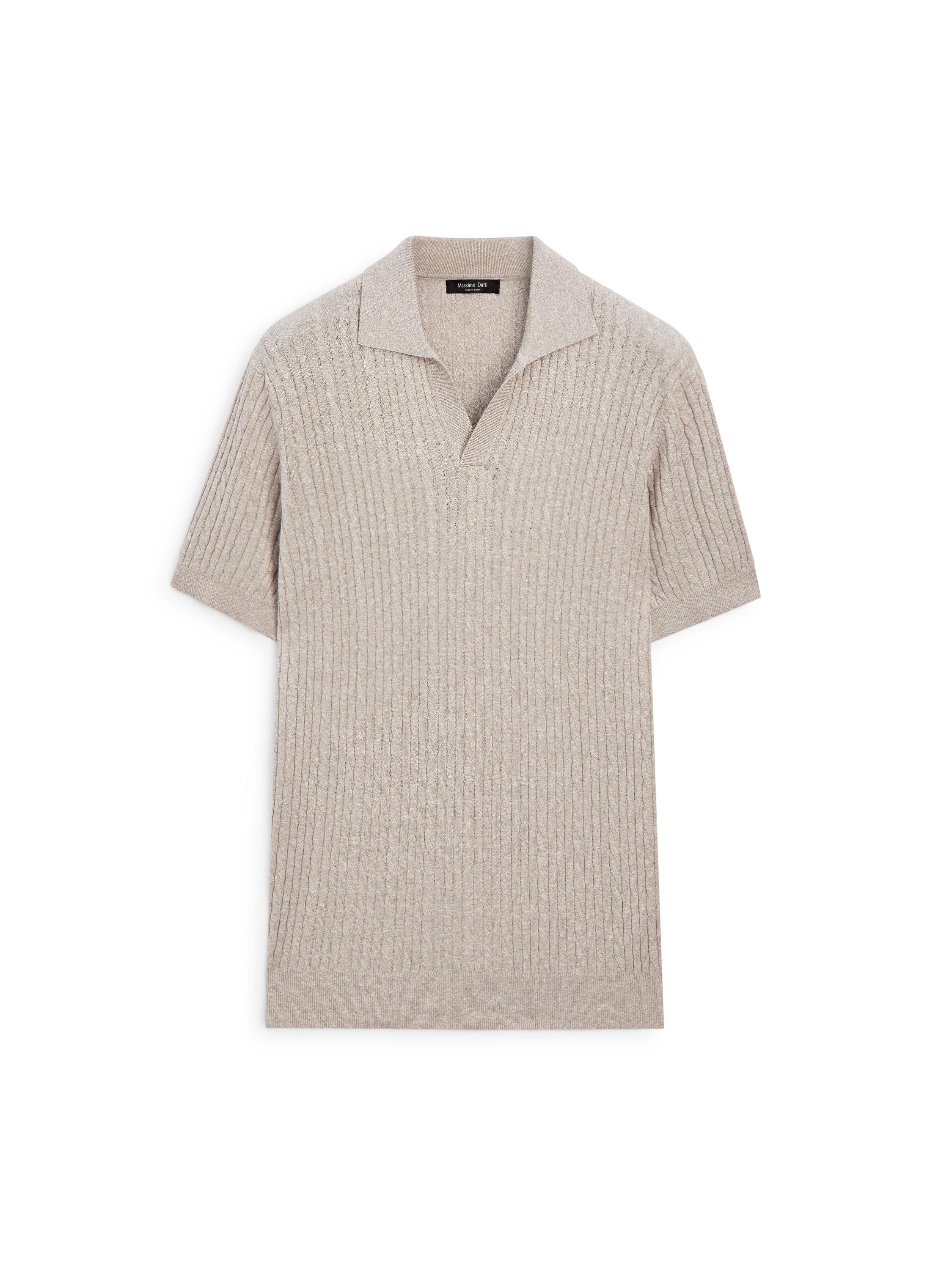 Short sleeve knit polo shirt with cable-knit detail — MINK